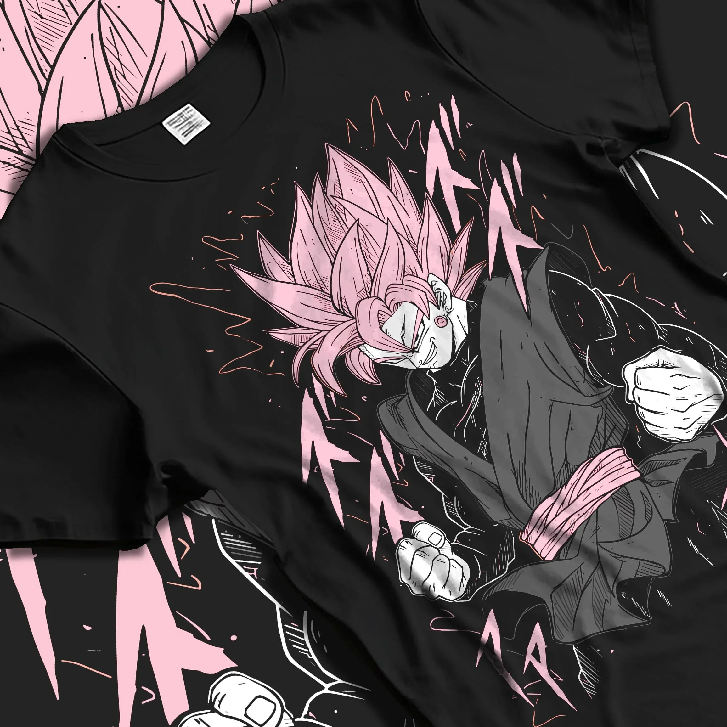 Black T-shirt laid flat with natural folds with Dragon Ball Z Hoodie Goku Black Rage Jumper graphic premium wear.