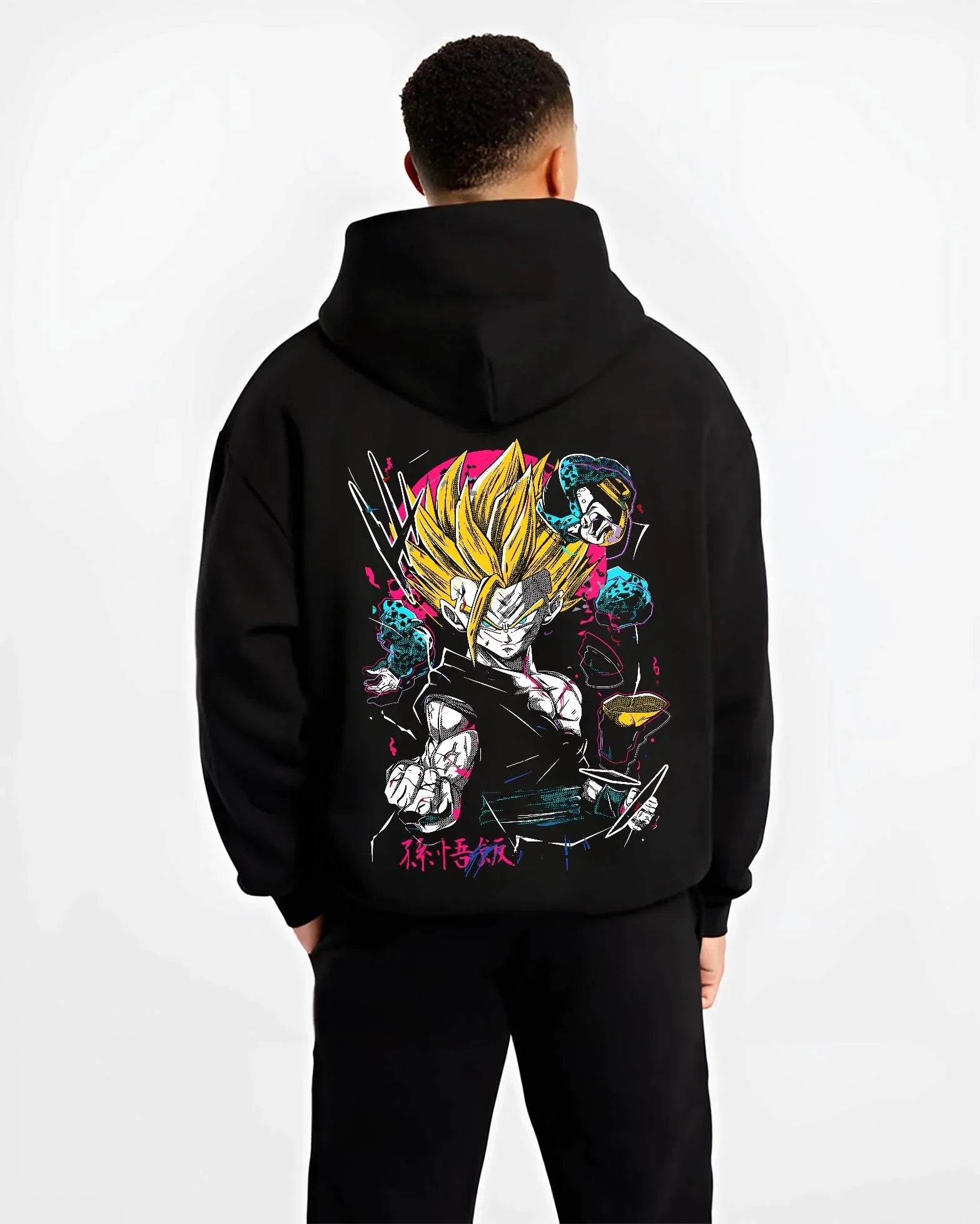 Black hoodie worn by male model, back view with Goku Hoodie Dragon Ball Z Super Saiyan Charge Up graphic Goku themed artwork.