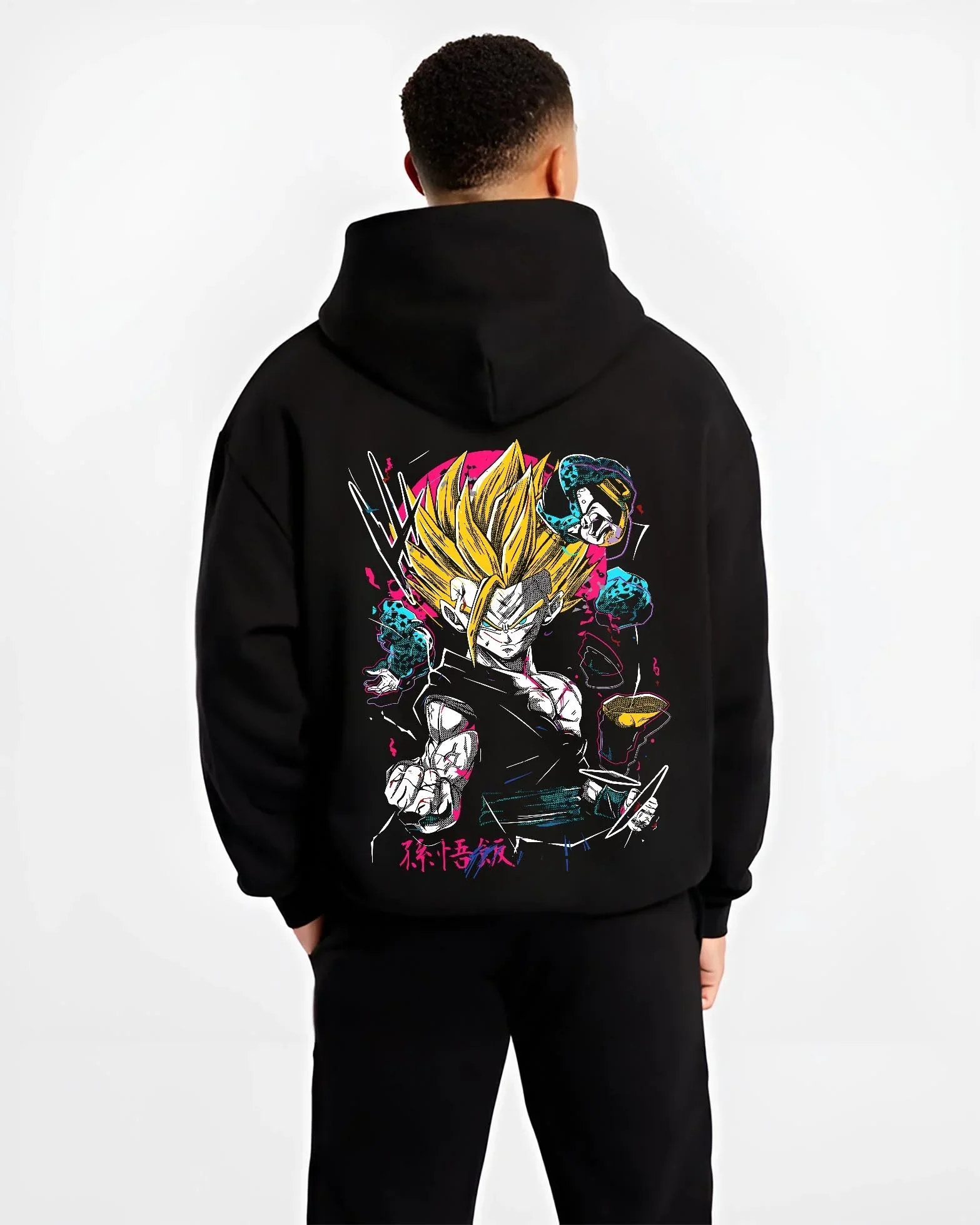 Black hoodie worn by male model, back view with Goku Hoodie Dragon Ball Z Super Saiyan Charge Up graphic Goku themed artwork.
