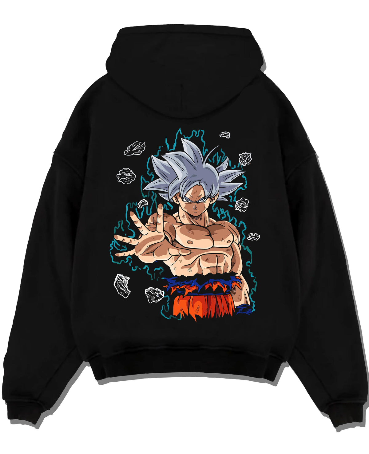 Black hoodie laid flat featuring Goku Ultra Instinct silver aura artwork.