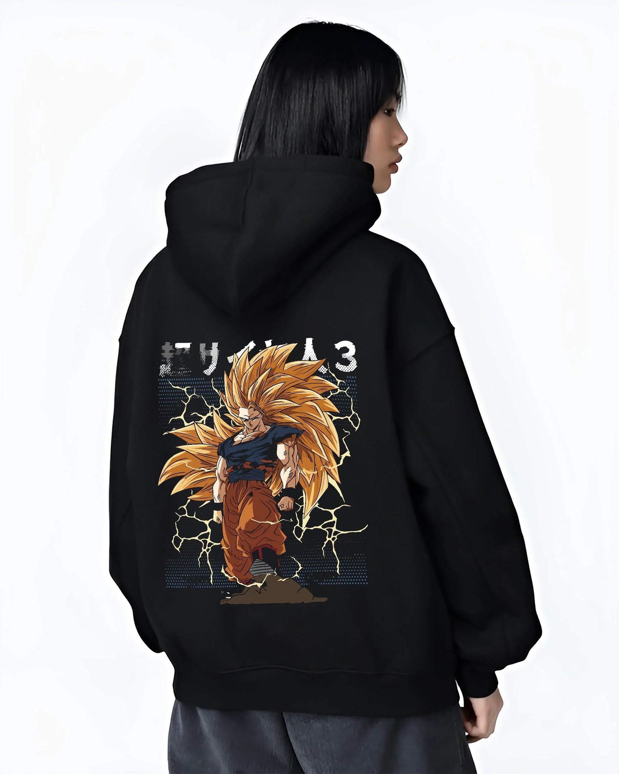 Black hoodie worn by female model, back view with Dragon Ball Z Hoodie Goku Super Saiyan 3 Jumper graphic Goku themed artwork.