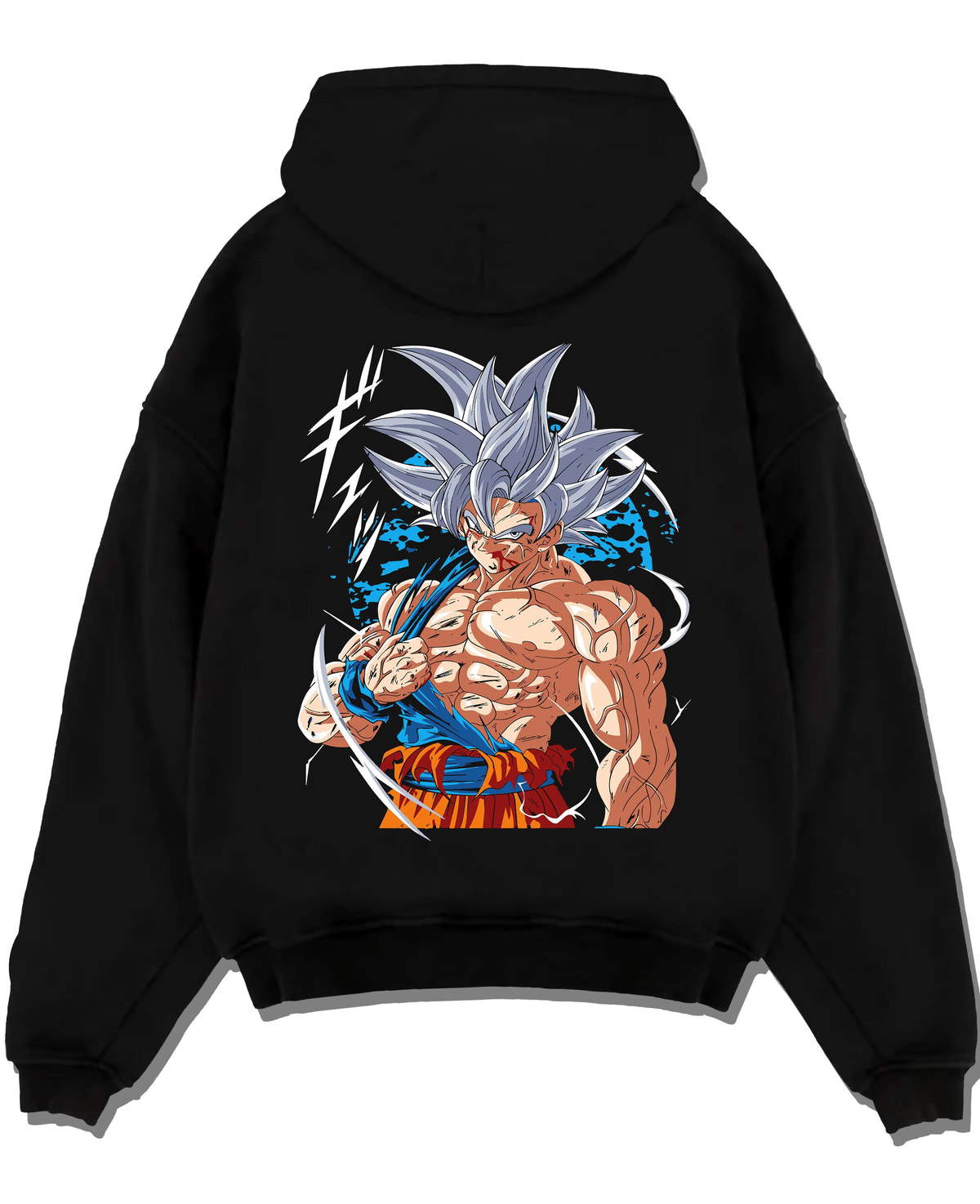 Black hoodie laid flat featuring Goku mastered Ultra Instinct artwork.