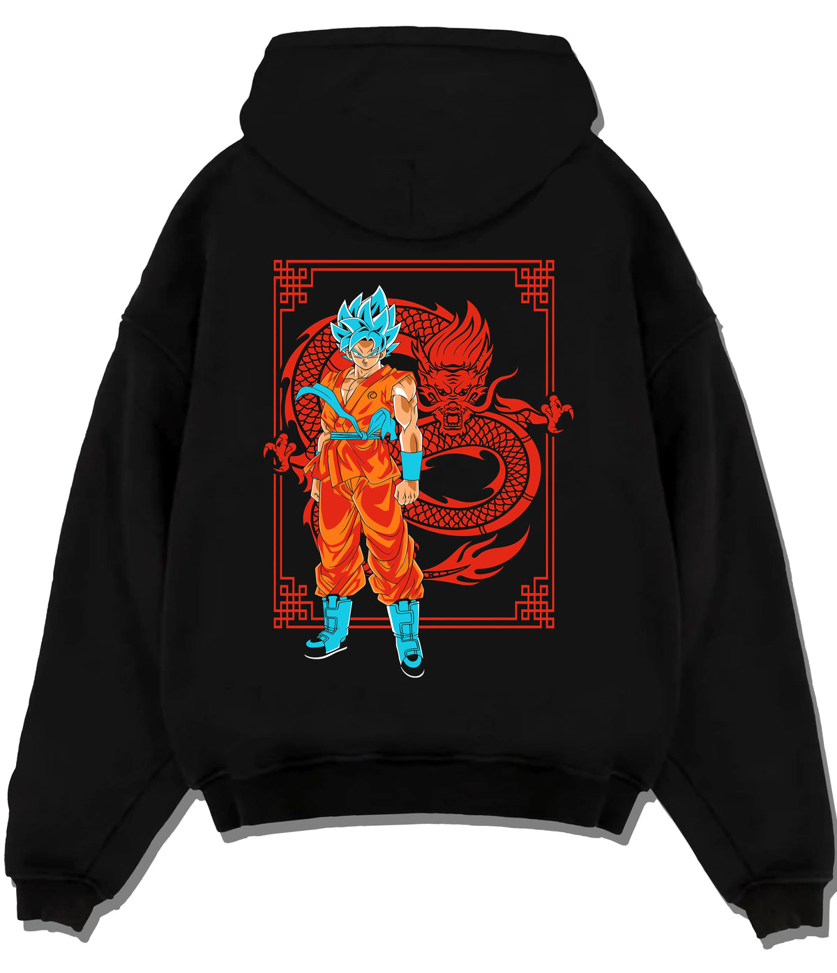 Black hoodie flat back view showing Goku from Dragon Ball: Super Saiyan Blue with dragon graphic