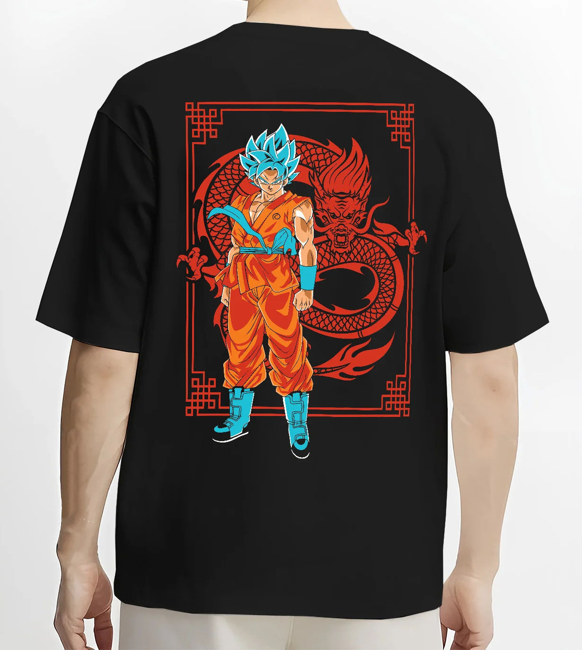 Black T-shirt model back view showing Goku from Dragon Ball: Super Saiyan Blue with dragon graphic