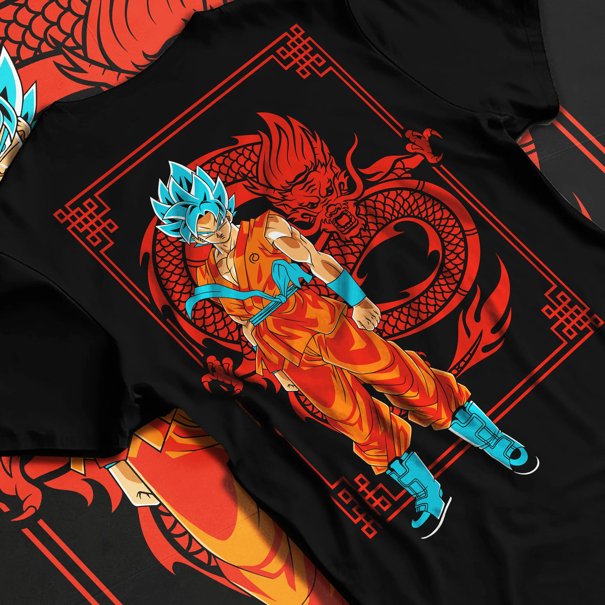 Black T-shirt flat back view showing Goku from Dragon Ball: Super Saiyan Blue with dragon graphic