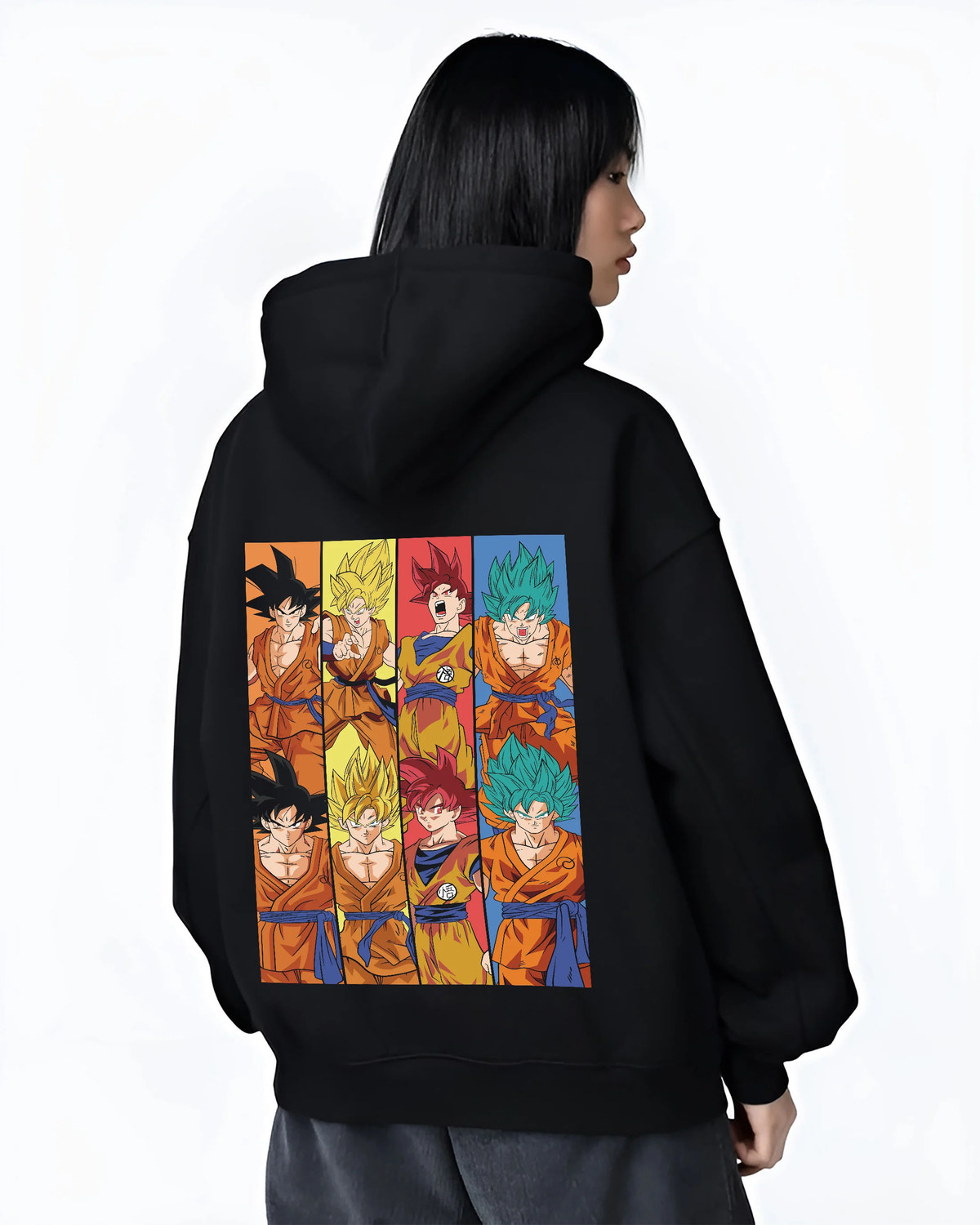 Black hoodie female model back view showing Goku from Dragon Ball: multiple Super Saiyan transformations