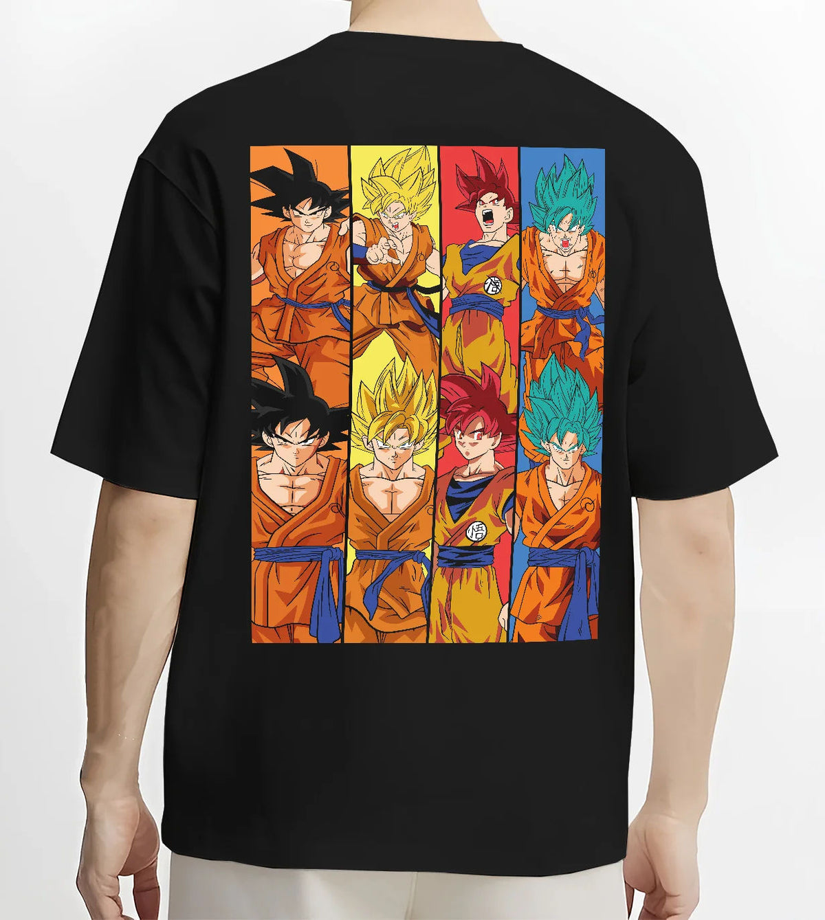 Black T-shirt model back view showing Goku from Dragon Ball: multiple Super Saiyan transformations