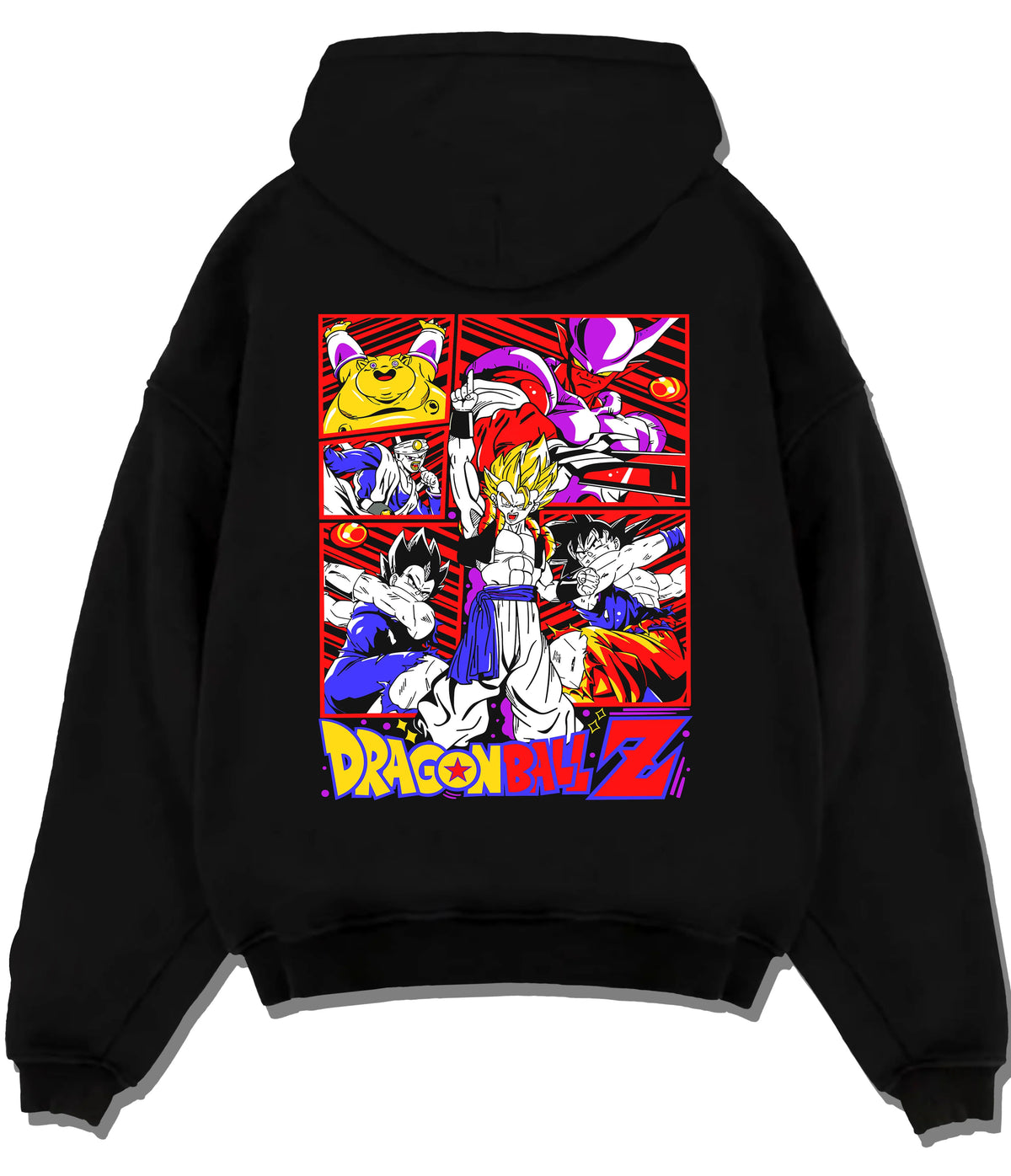Black hoodie flat back view with Dragon Ball Z character / Saiyan collage illustrated back graphic