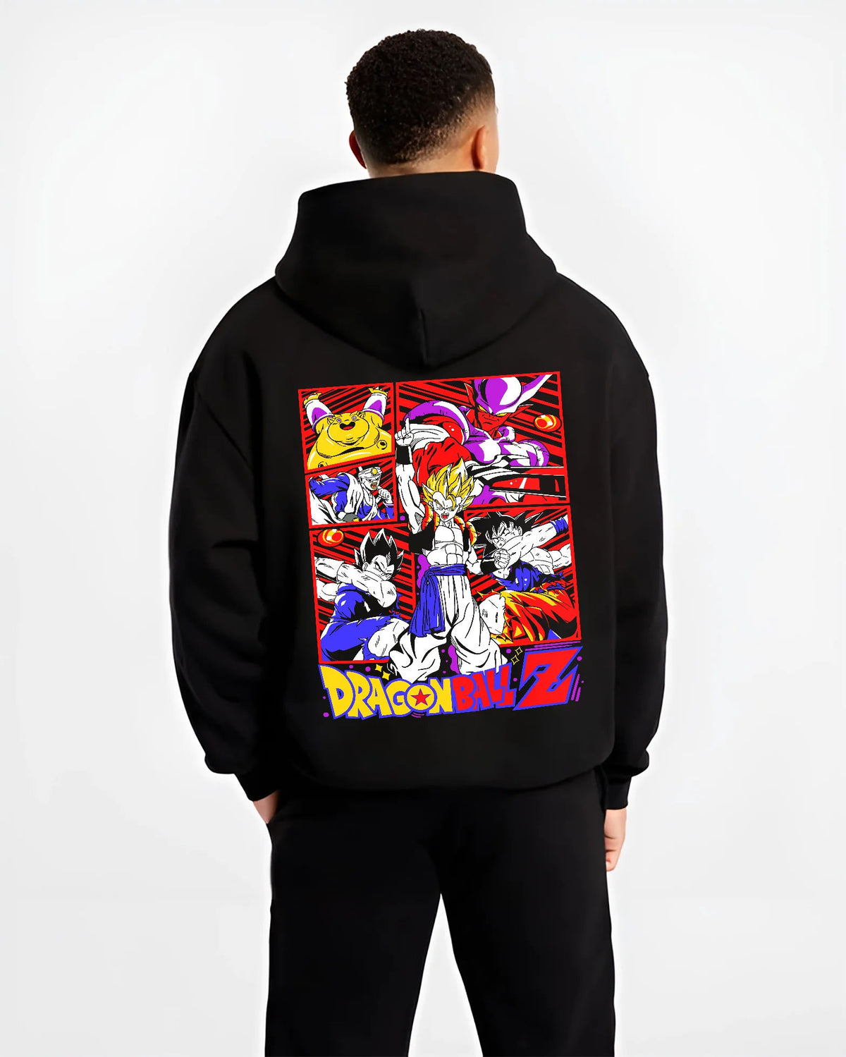 Black hoodie model back view with Dragon Ball Z character / Saiyan collage illustrated back graphic