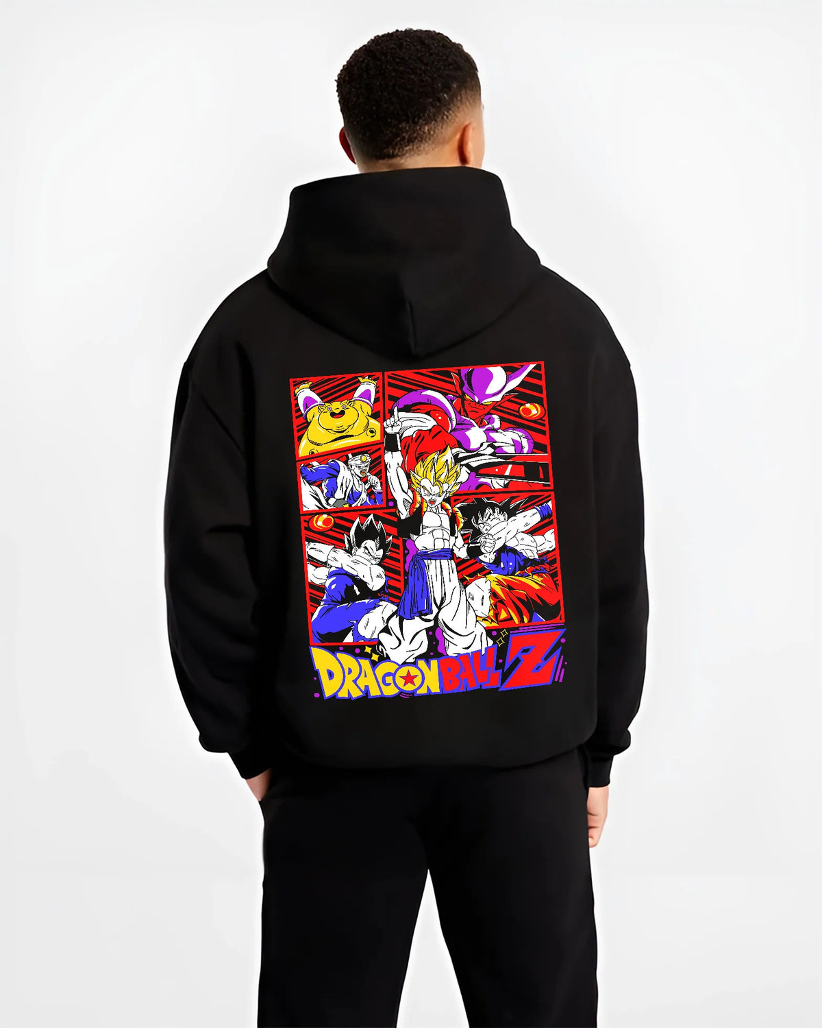 Black hoodie model back view with Dragon Ball Z character / Saiyan collage illustrated back graphic
