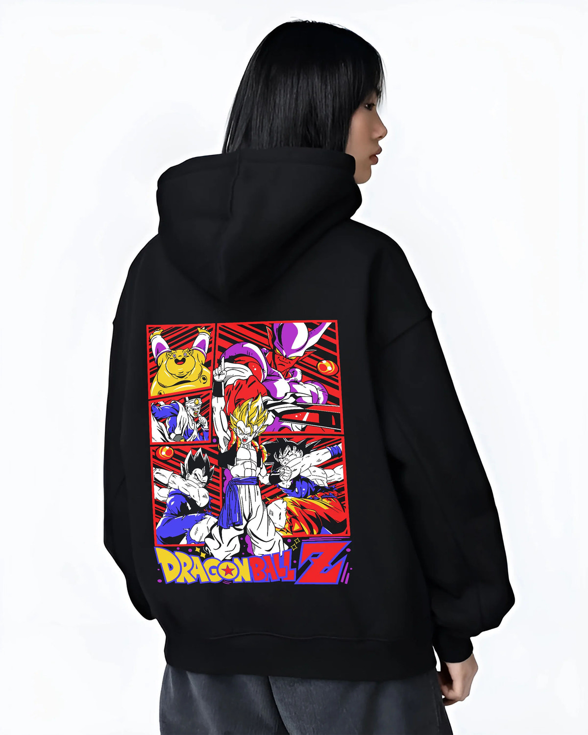 Black hoodie female model back view with Dragon Ball Z character / Saiyan collage illustrated back graphic