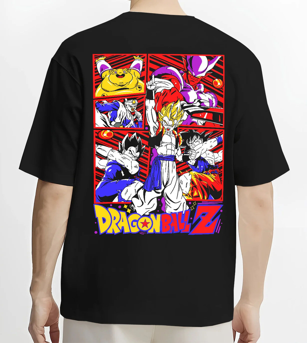 Black T-shirt model back view with Dragon Ball Z character / Saiyan collage illustrated back graphic