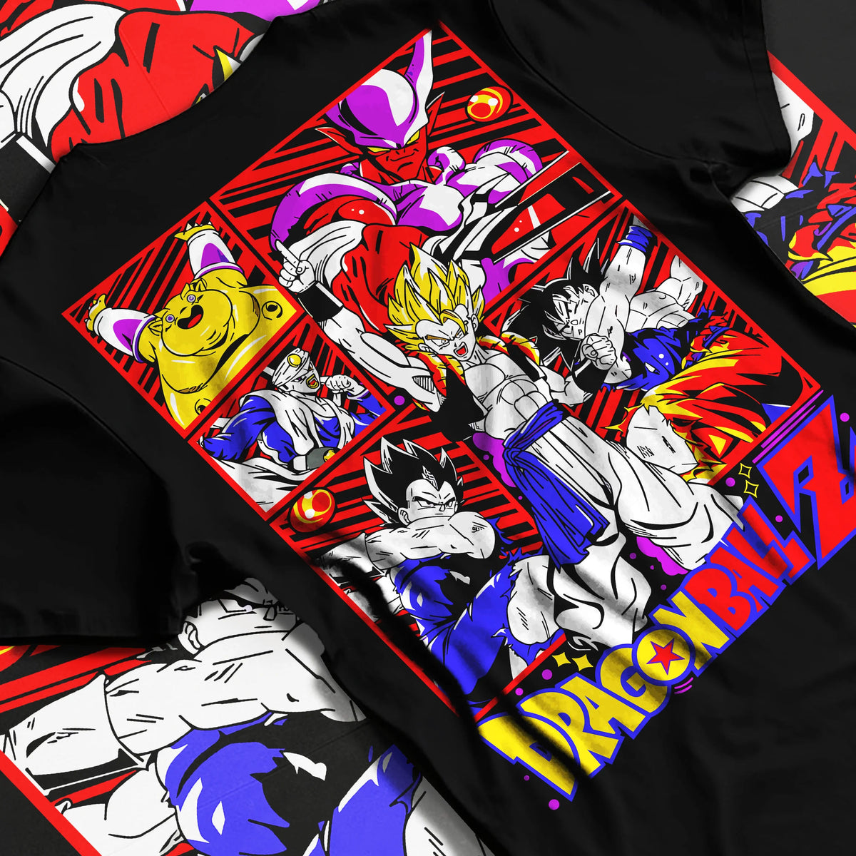 Black T-shirt flat back view with Dragon Ball Z character / Saiyan collage illustrated back graphic