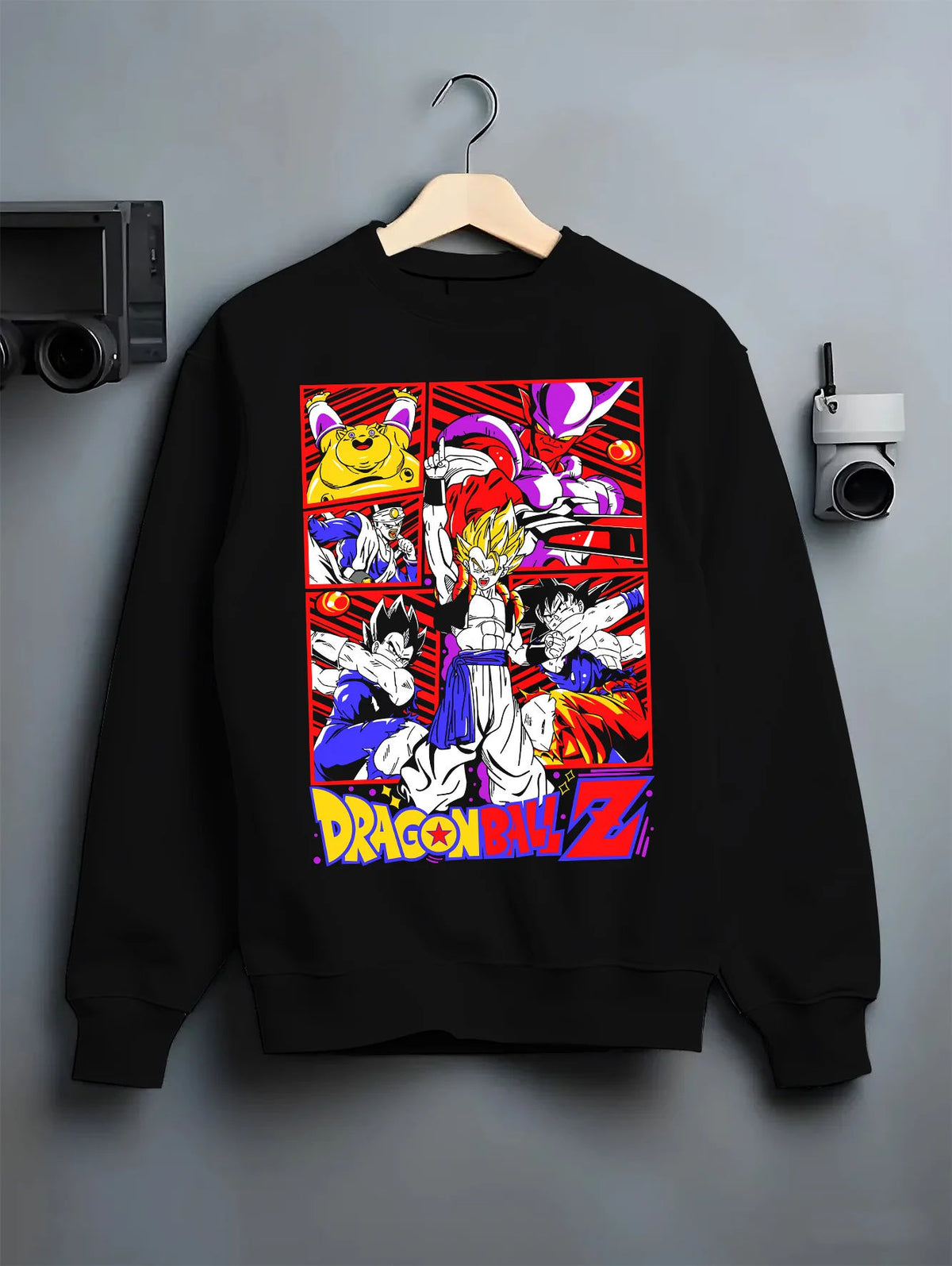 Black crewneck sweatshirt on hanger with Dragon Ball Z character / Saiyan collage illustrated back graphic