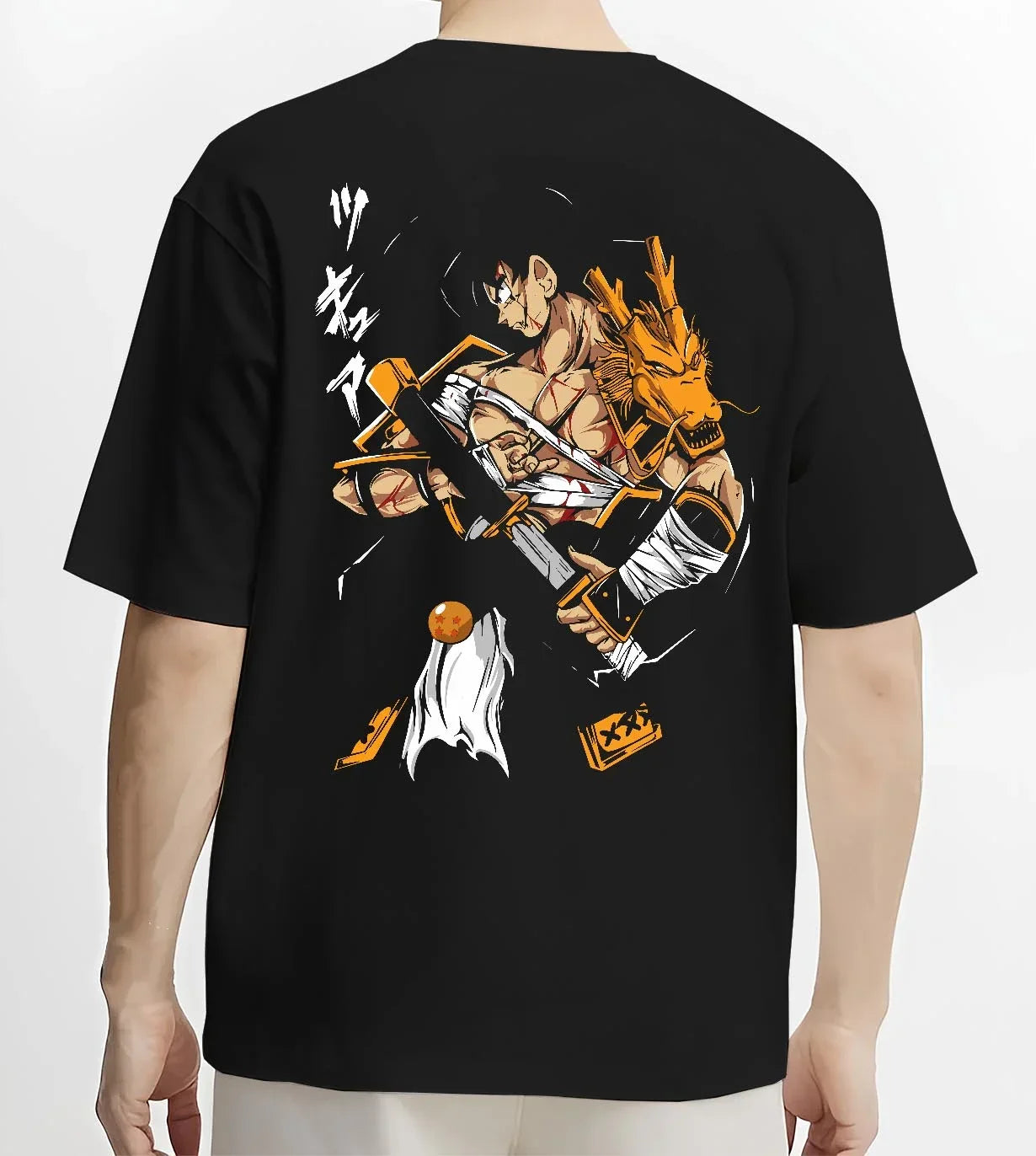 Black T-shirt worn by male model, back view with Dragon Ball Z Hoodie Goku Vegeta Epic Clash Jumper graphic bold anime graphic.