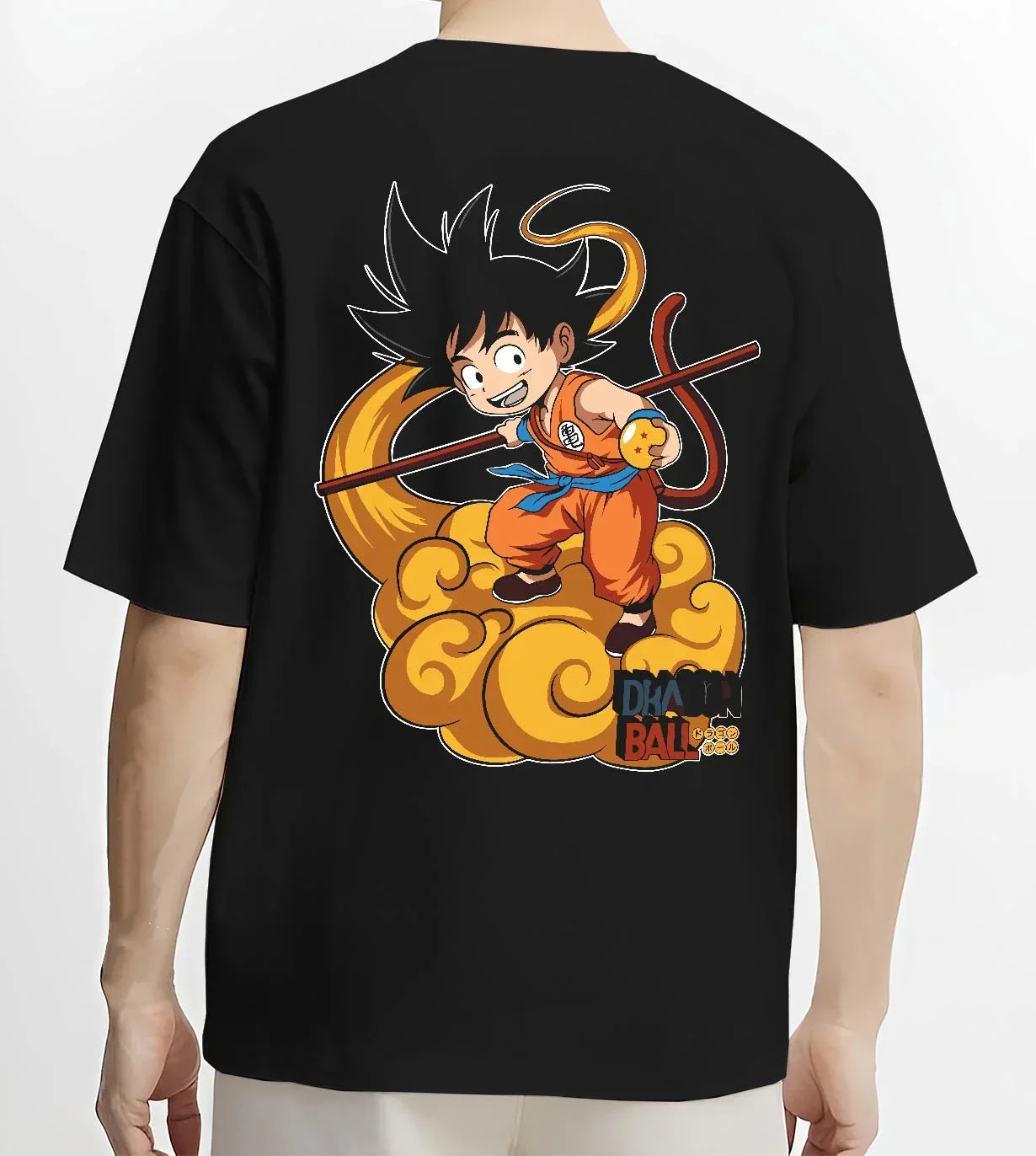 Black T-shirt worn by male model, back view with Dragon Ball Z Hoodie Kid Goku Nimbus Jumper graphic premium wear.