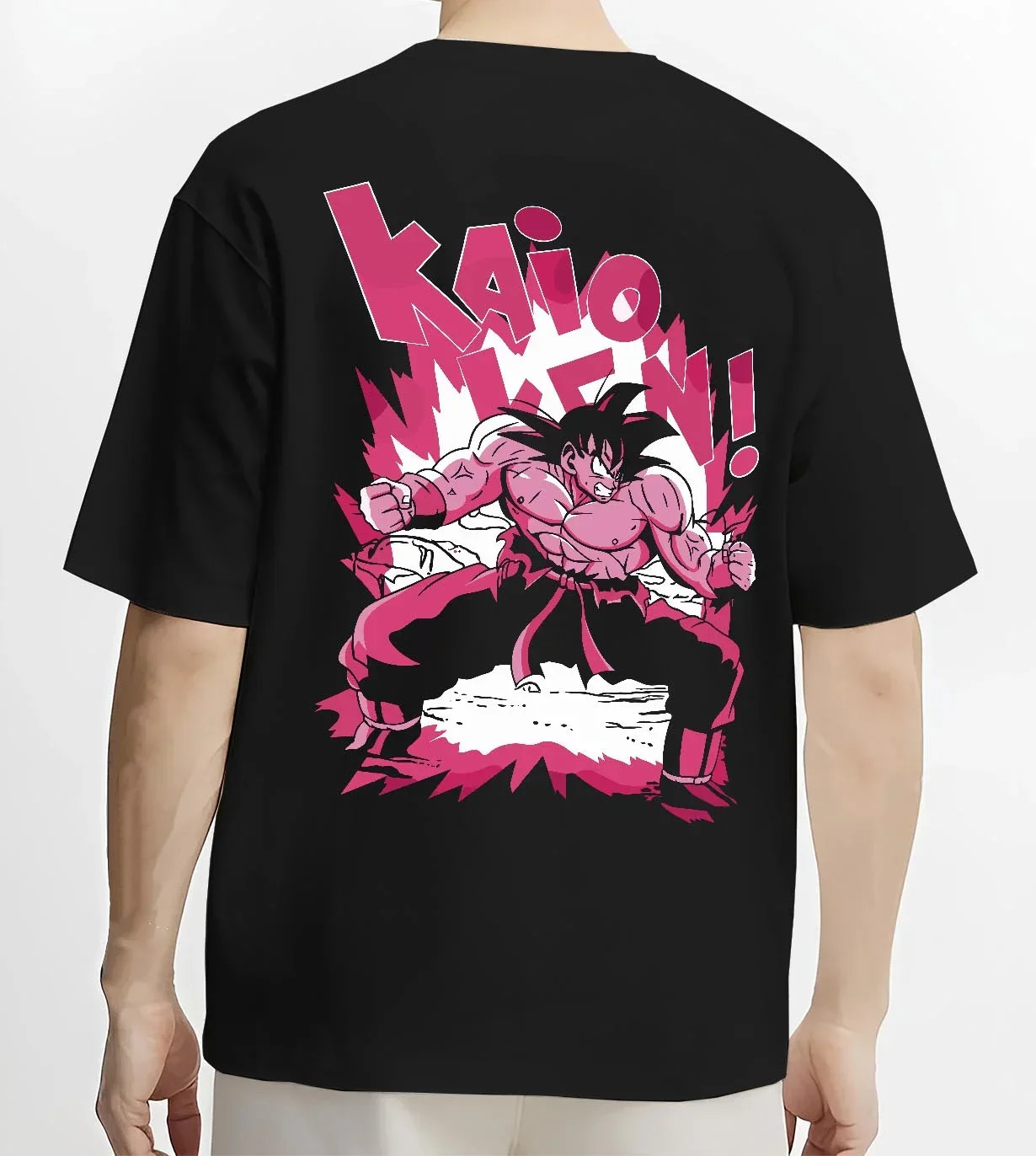 Black T-shirt worn by male model, back view with Dragon Ball Z Hoodie Goku Kaio Ken Power Jumper graphic Goku themed artwork.