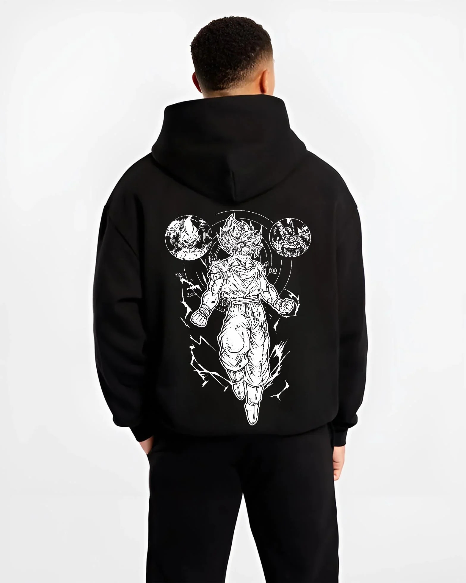 Black hoodie worn by male model, back view with Dragon Ball Z Hoodie Goku Ultra Instinct Burst Jumper graphic Goku themed artwork.