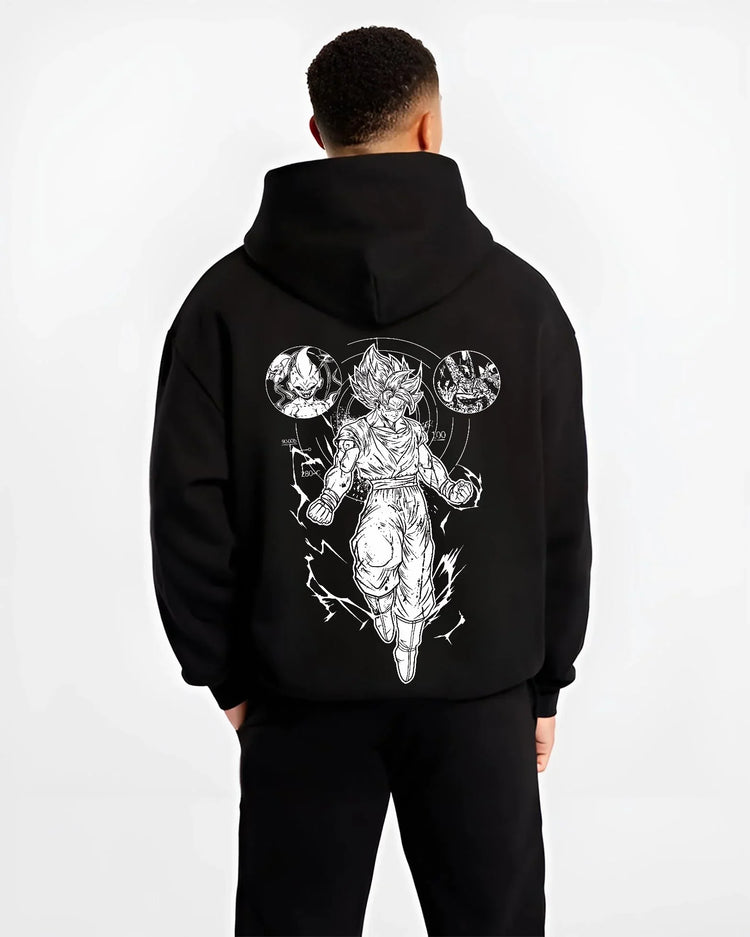 Black hoodie worn by male model, back view with Dragon Ball Z Hoodie Goku Ultra Instinct Burst Jumper graphic Goku themed artwork.