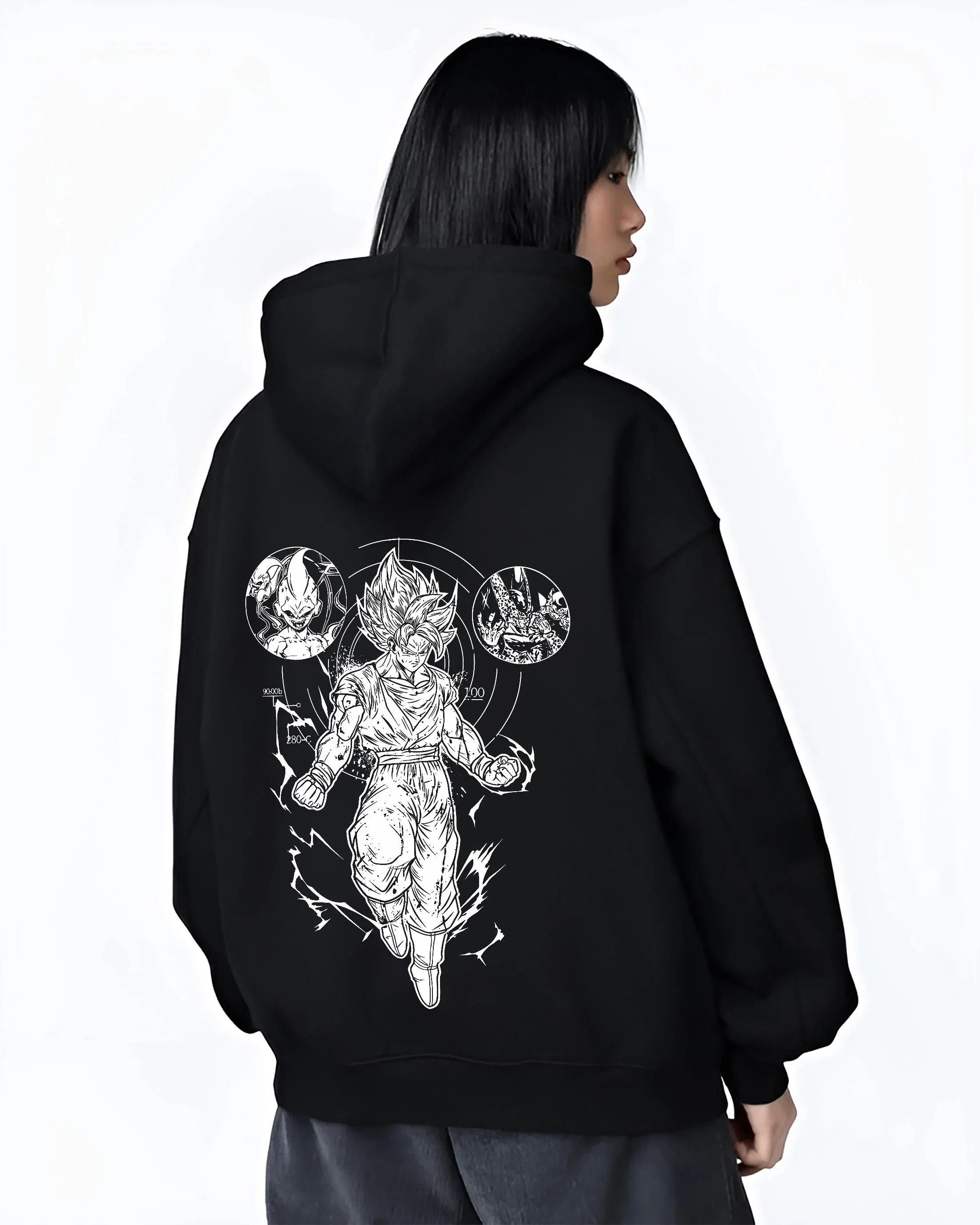 Black hoodie worn by female model, back view with Dragon Ball Z Hoodie Goku Ultra Instinct Burst Jumper graphic bold anime graphic.