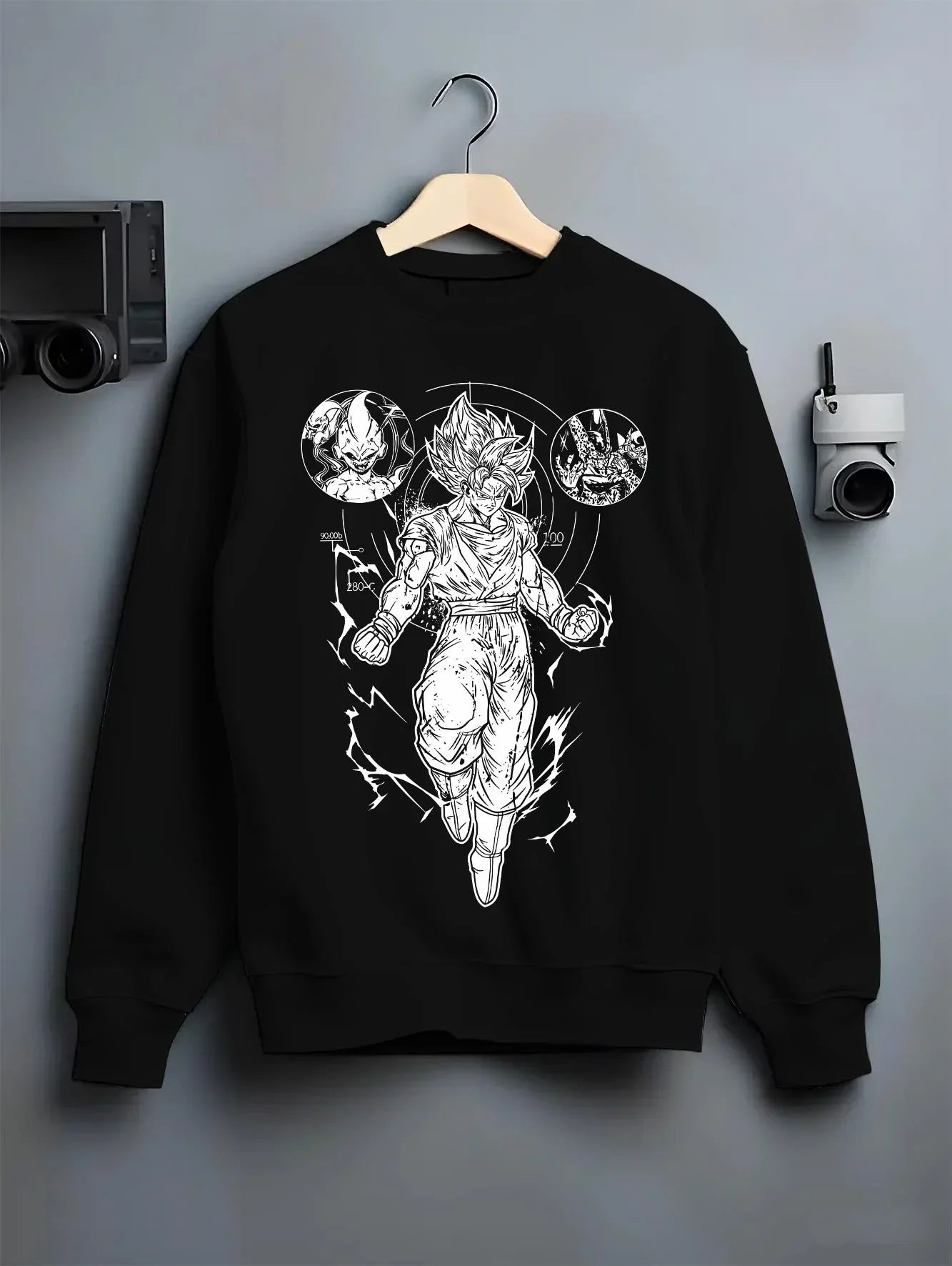 Black crewneck sweatshirt on hanger with Dragon Ball Z Hoodie Goku Ultra Instinct Burst Jumper graphic streetwear graphic.