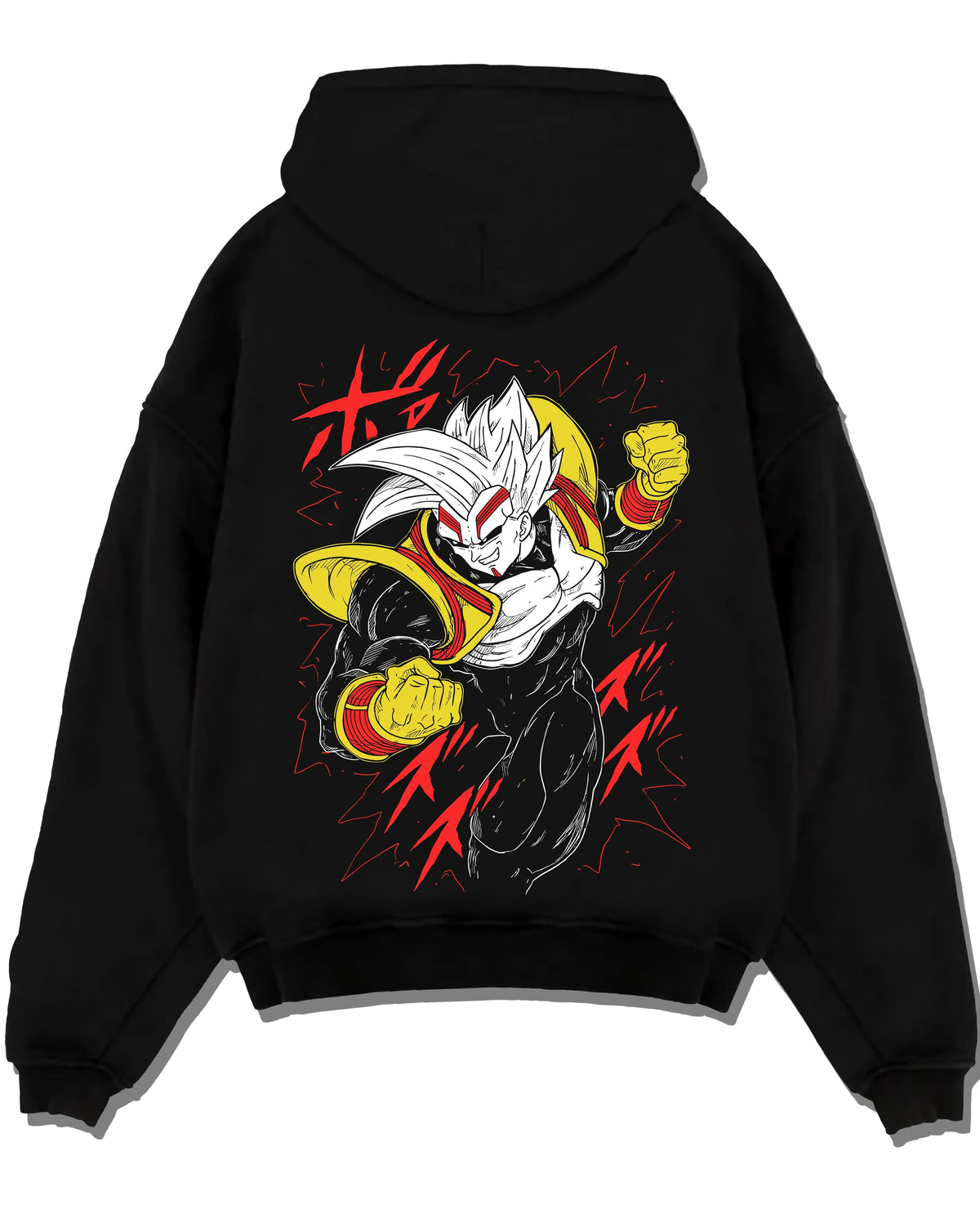 Black hoodie laid flat featuring golden Saiyan warrior artwork.