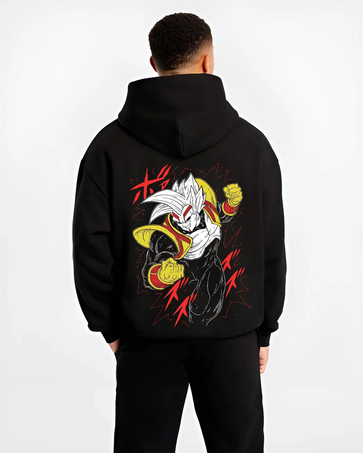 Black hoodie worn by male model from the back featuring golden Saiyan warrior artwork.