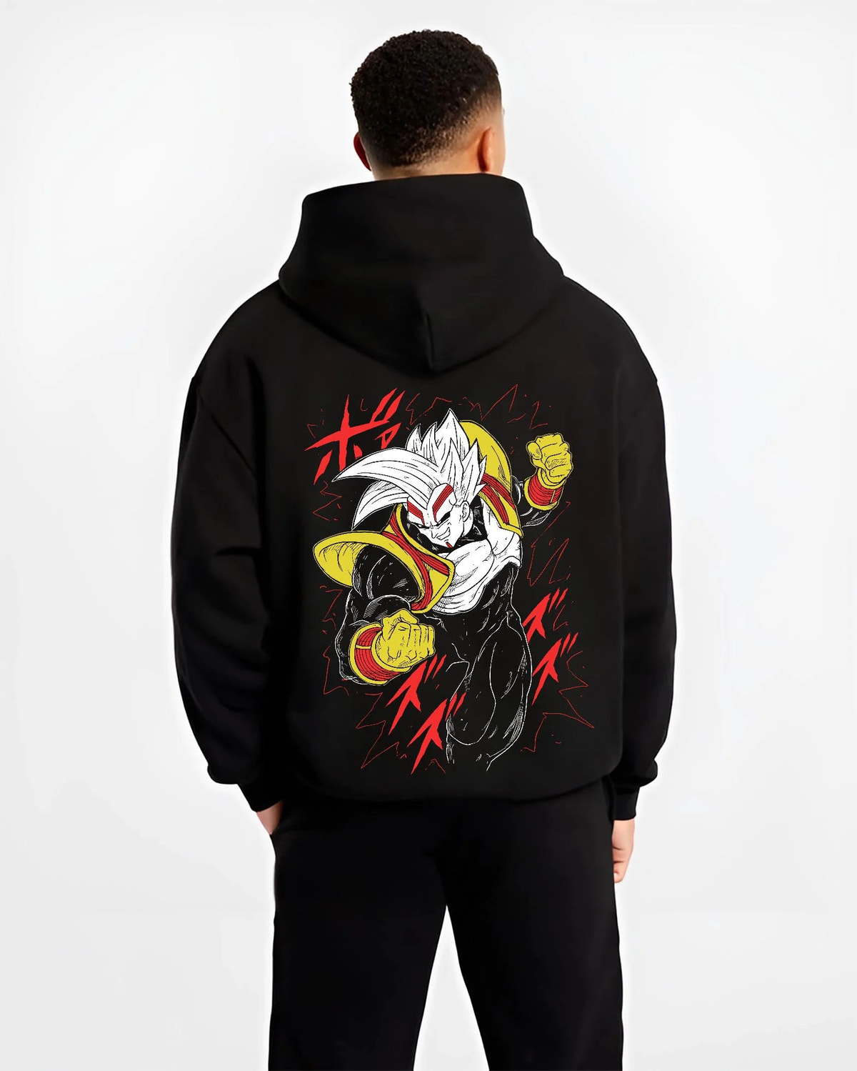 Black hoodie worn by male model from the back featuring golden Saiyan warrior artwork.