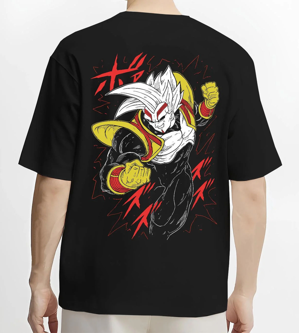 Black T-shirt worn by male model from the back featuring golden Saiyan warrior artwork.