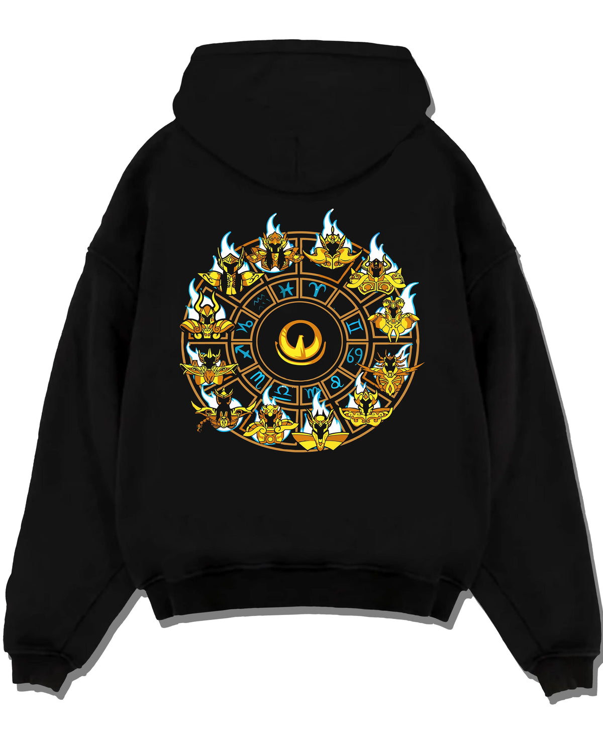 Black hoodie laid flat featuring Saint Seiya Gold Saints zodiac wheel artwork.