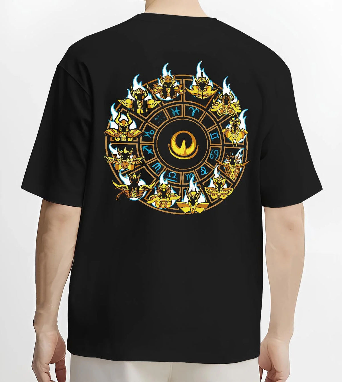 Black T-shirt worn by male model from the back featuring Saint Seiya Gold Saints zodiac wheel artwork.