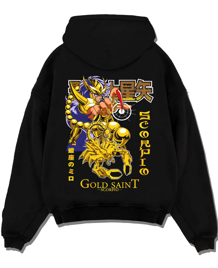 Black hoodie laid flat featuring Scorpio Milo Gold Saint cosmic armour artwork.