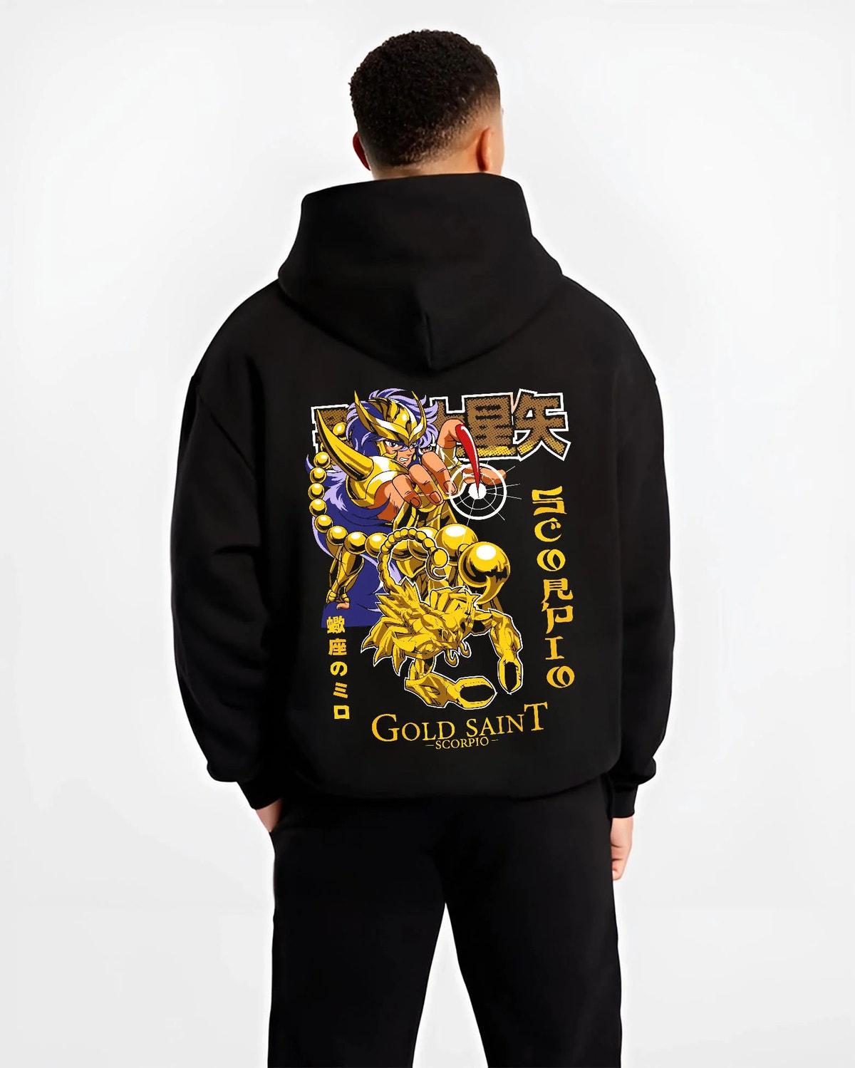 Black hoodie worn by male model from the back featuring Scorpio Milo Gold Saint cosmic armour artwork.