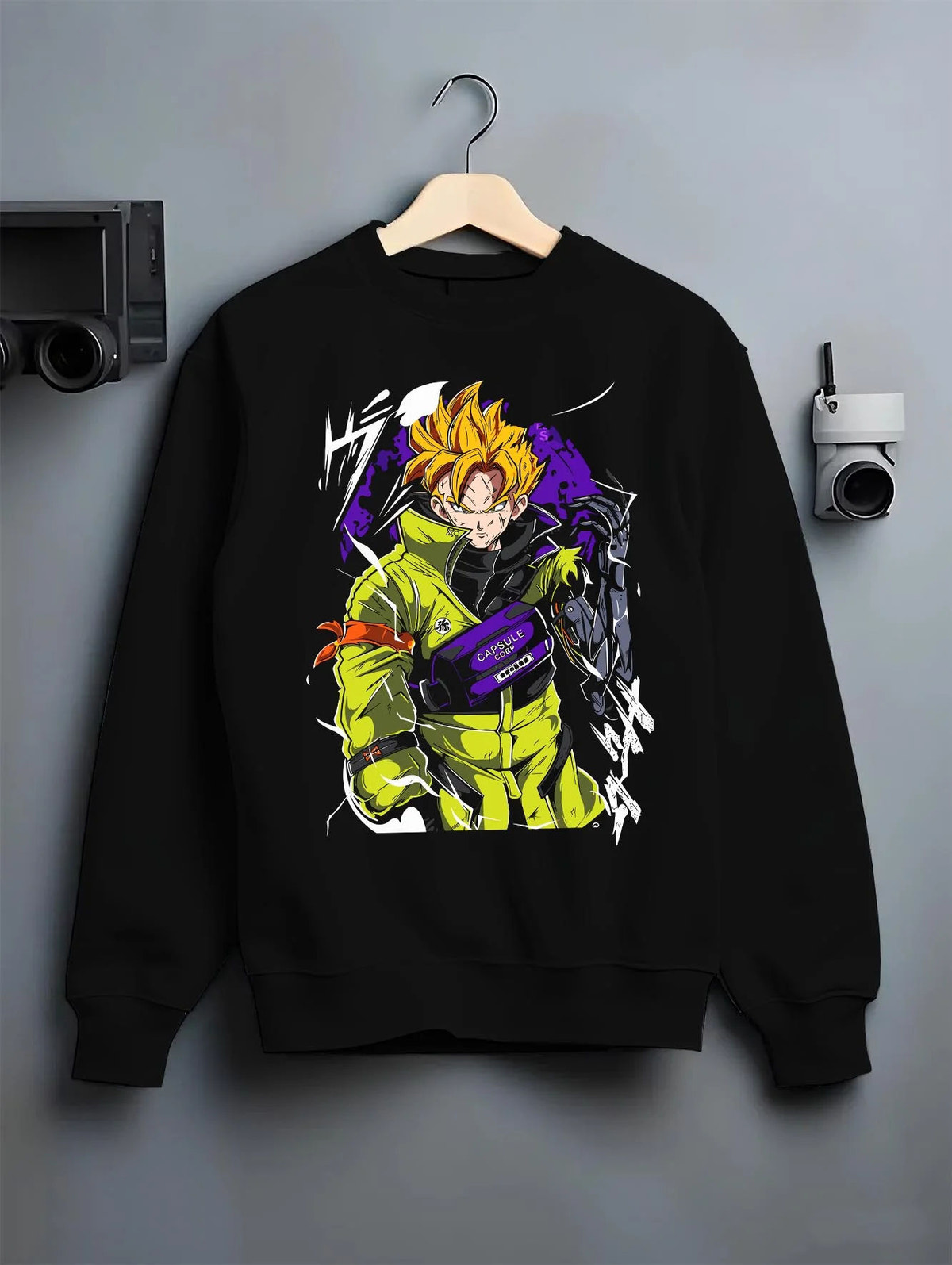 Black crewneck sweatshirt on hanger featuring Future Trunks Super Saiyan street style artwork.
