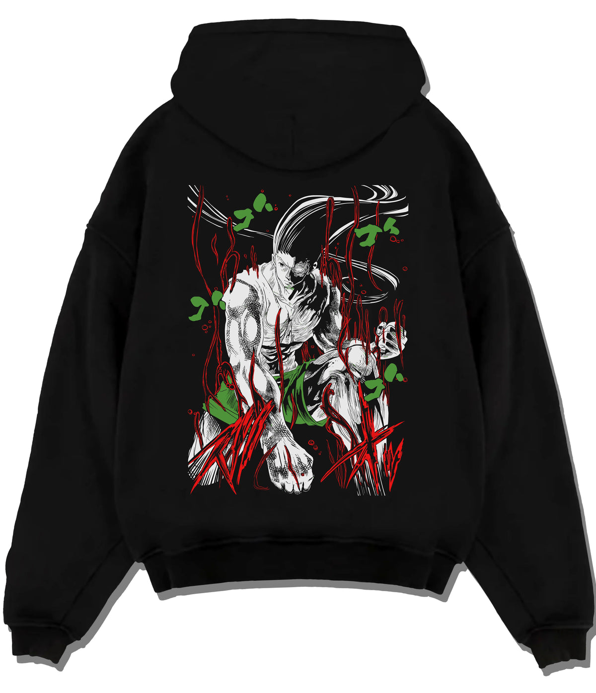 Black hoodie flat back view showing Gon Freecss from Hunter x Hunter: adult transformation dark illustration