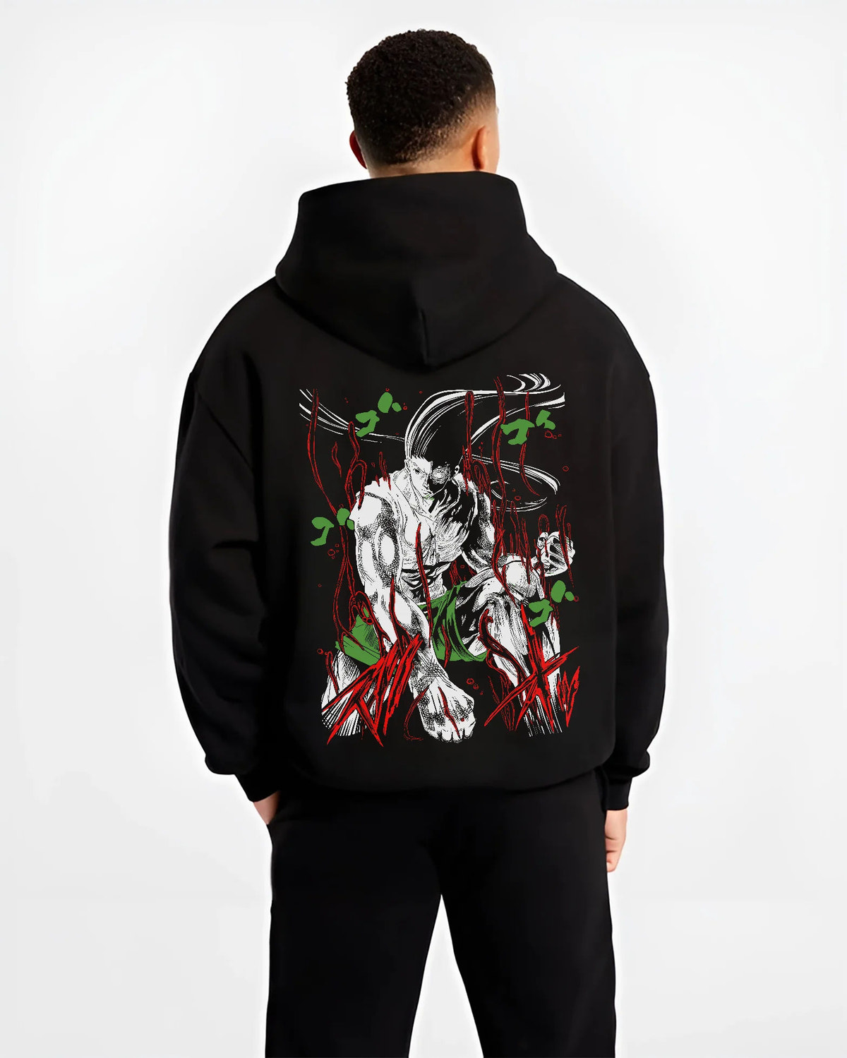 Black hoodie model back view showing Gon Freecss from Hunter x Hunter: adult transformation dark illustration