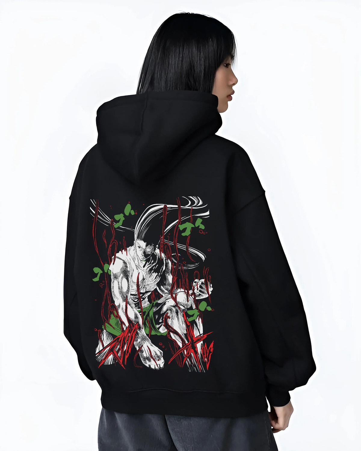 Black hoodie female model back view showing Gon Freecss from Hunter x Hunter: adult transformation dark illustration