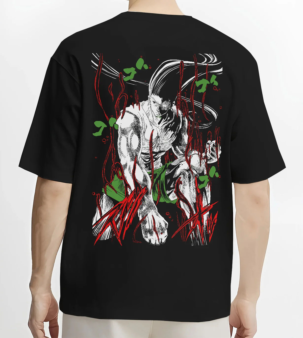 Black T-shirt model back view showing Gon Freecss from Hunter x Hunter: adult transformation dark illustration