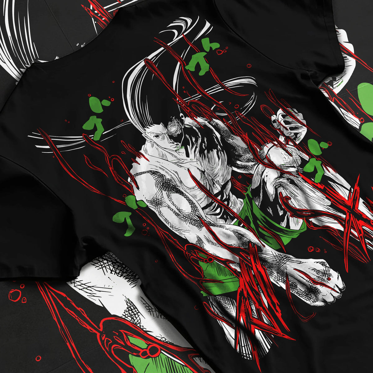 Black T-shirt flat back view showing Gon Freecss from Hunter x Hunter: adult transformation dark illustration