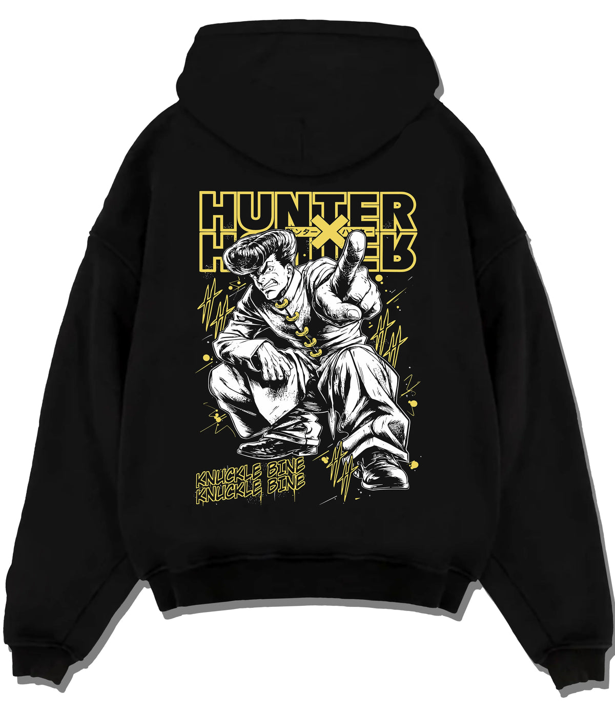 Black hoodie flat back view showing Gon Freecss from Hunter x Hunter: adult muscular transformation