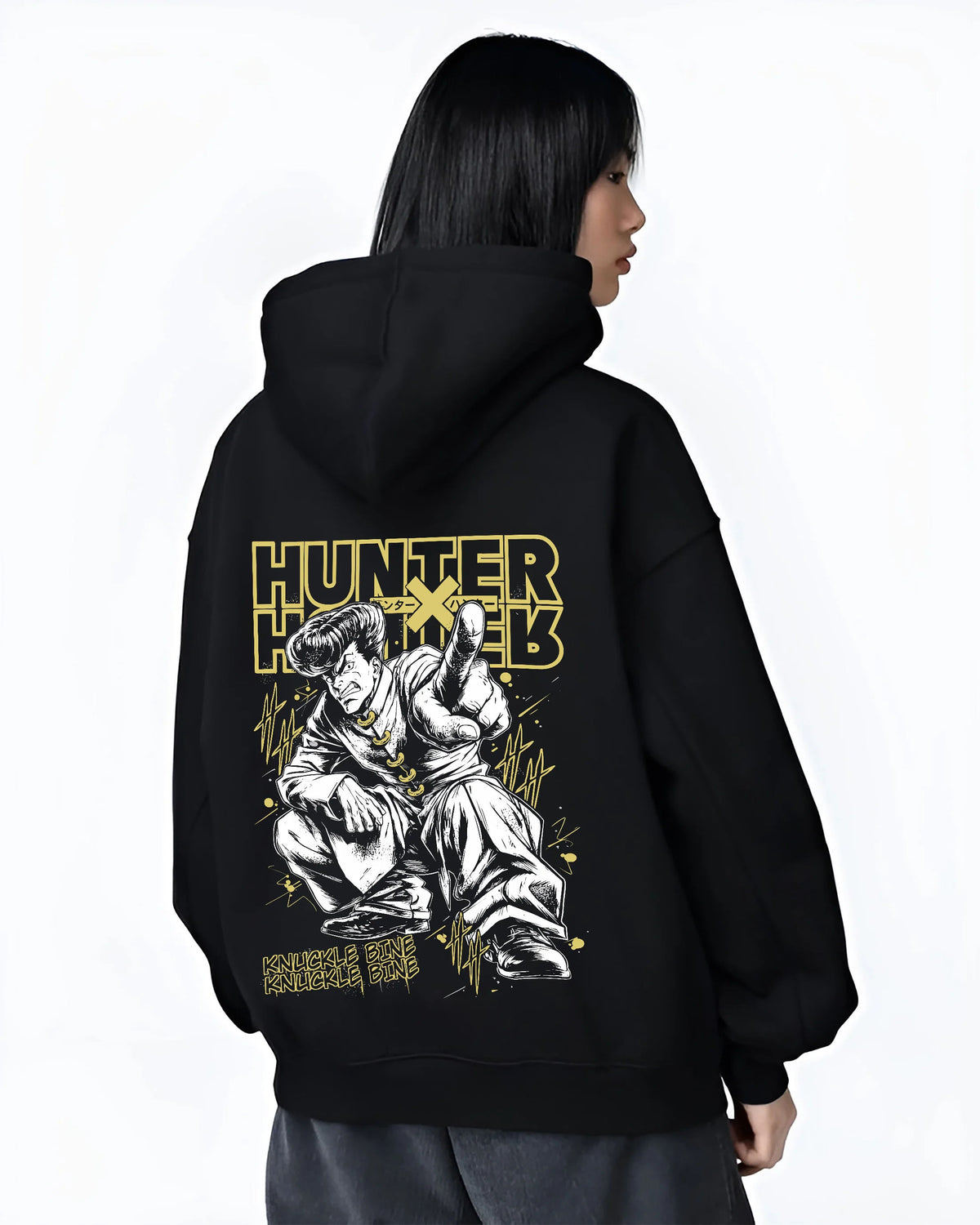 Black hoodie female model back view showing Gon Freecss from Hunter x Hunter: adult muscular transformation
