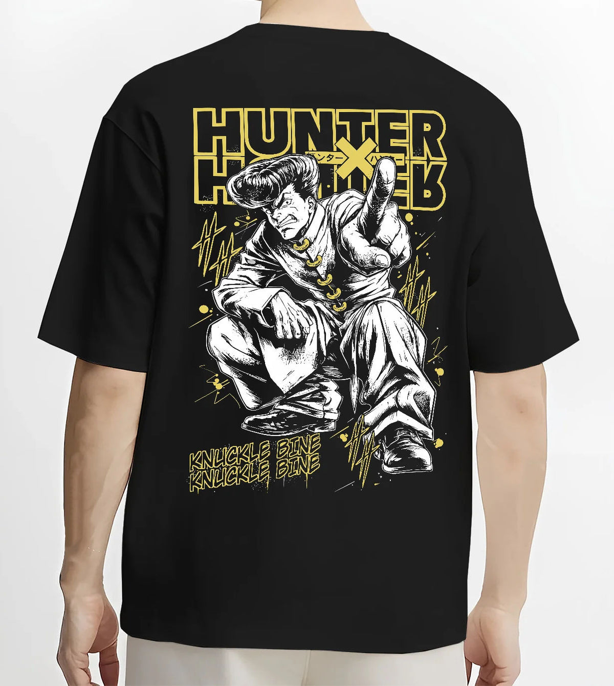 Black T-shirt model back view showing Gon Freecss from Hunter x Hunter: adult muscular transformation
