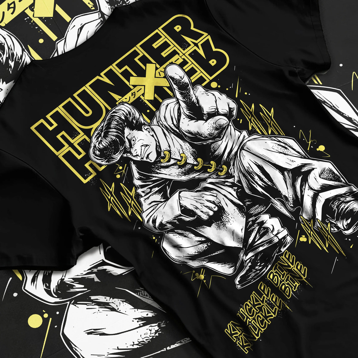 Black T-shirt flat back view showing Gon Freecss from Hunter x Hunter: adult muscular transformation