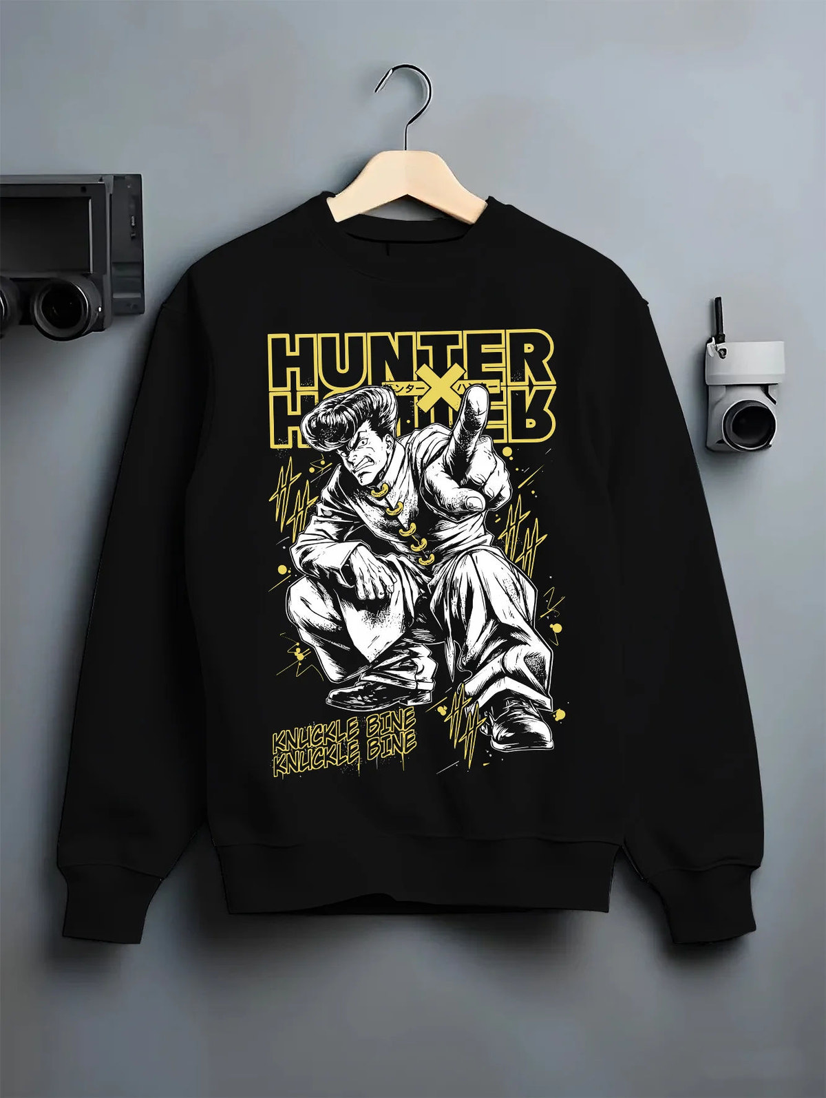 Black crewneck sweatshirt on hanger showing Gon Freecss from Hunter x Hunter: adult muscular transformation