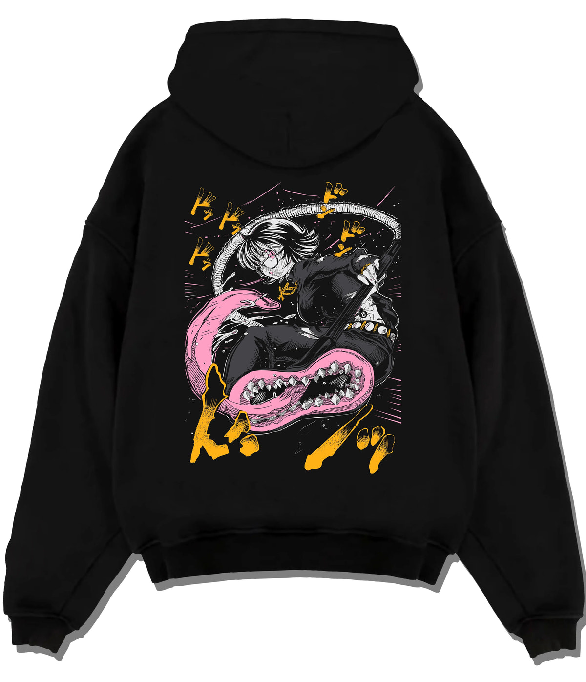 Black hoodie flat back view showing Hunter x Hunter monster and fighter scene: monster/fighter scene ( characters)