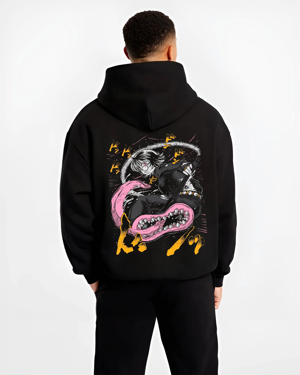 Black hoodie model back view showing Hunter x Hunter monster and fighter scene: monster/fighter scene ( characters)
