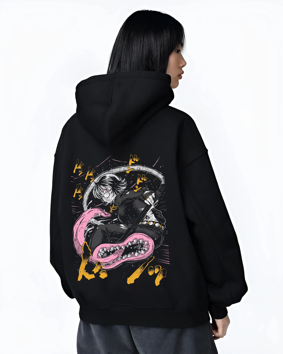 Black hoodie female model back view showing Hunter x Hunter monster and fighter scene: monster/fighter scene ( characters)