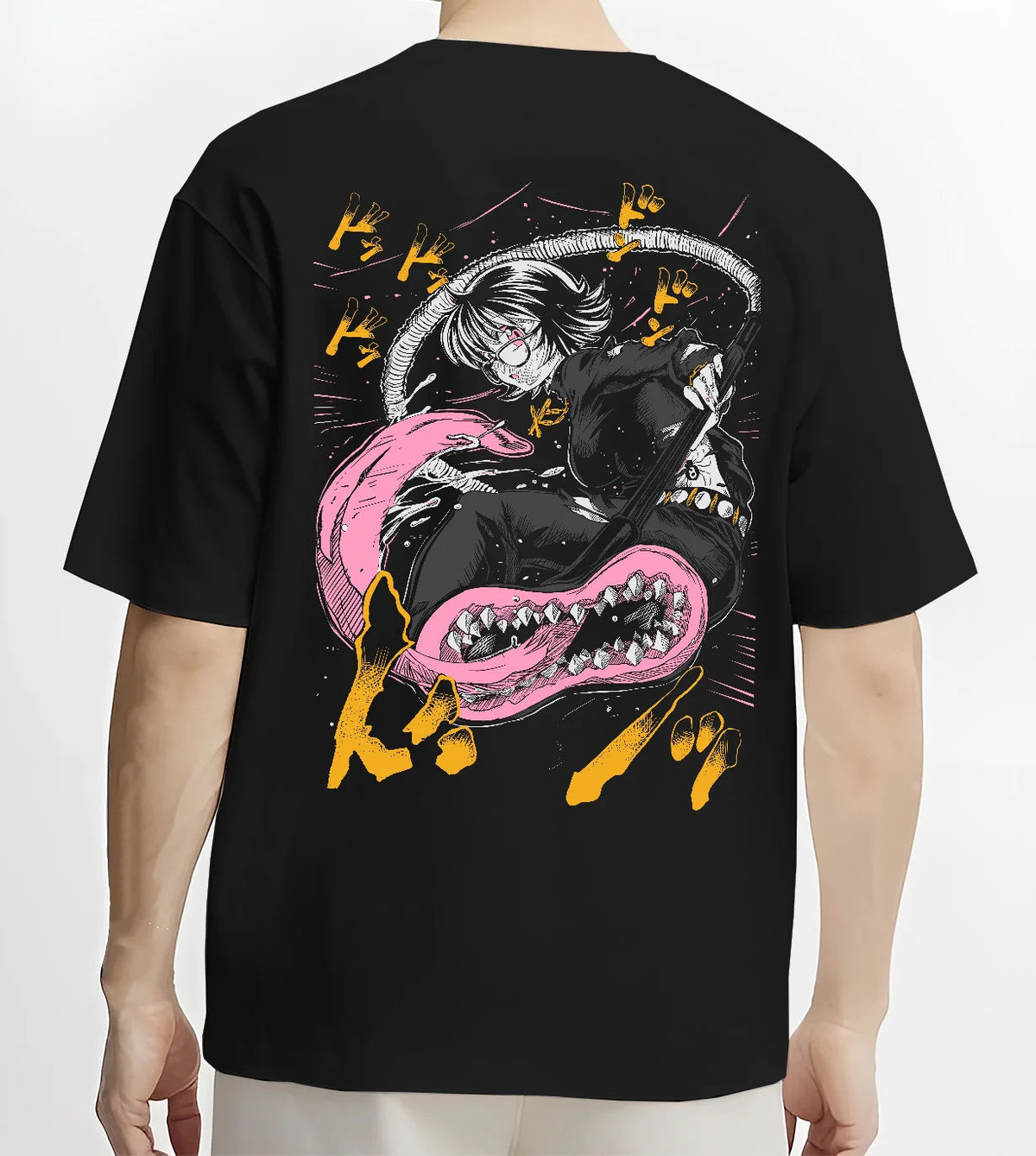Black T-shirt model back view showing Hunter x Hunter monster and fighter scene: monster/fighter scene ( characters)