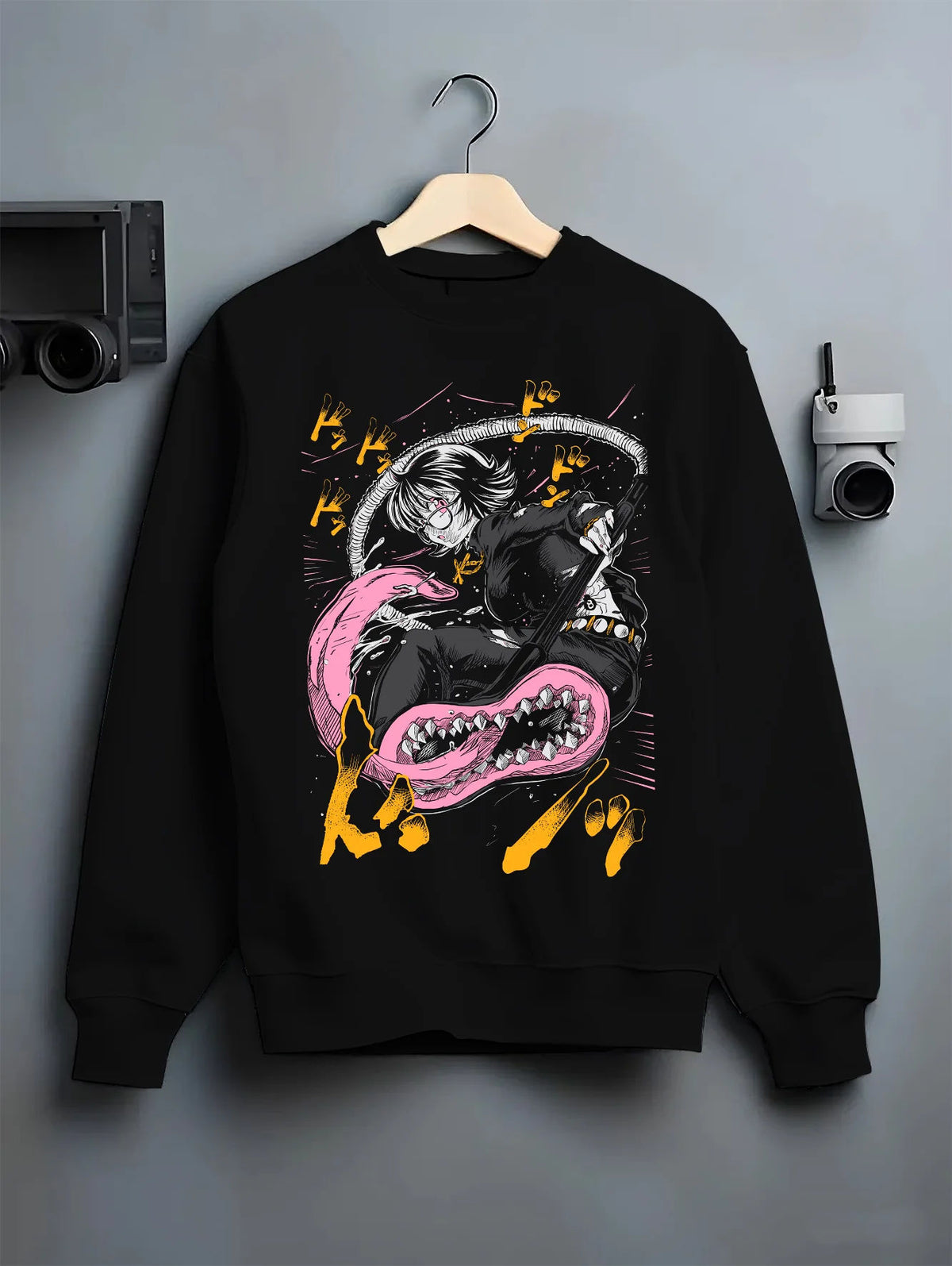 Black crewneck sweatshirt on hanger showing Hunter x Hunter monster and fighter scene: monster/fighter scene ( characters)