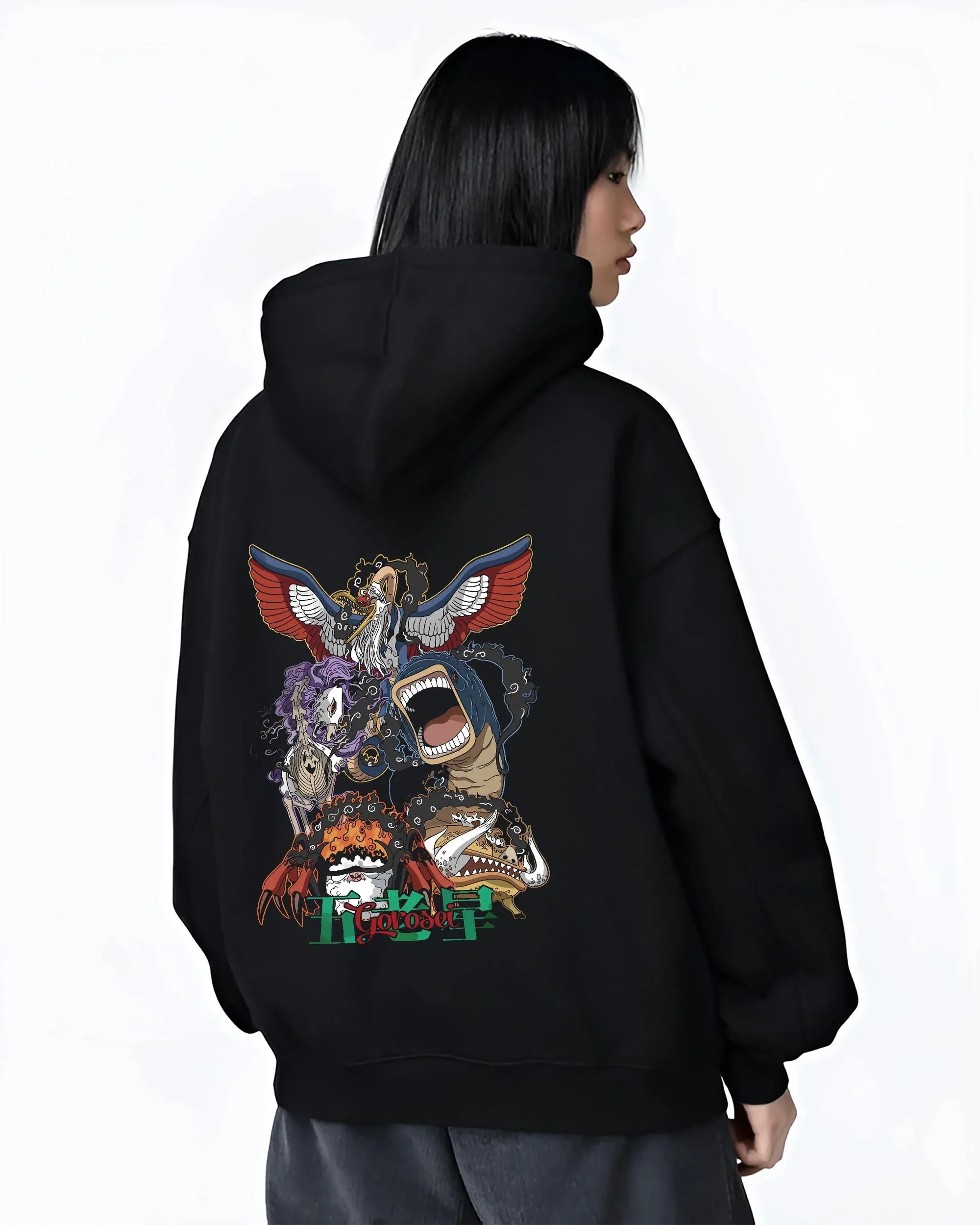 Black hoodie worn by female model, back view with One Piece Hoodie Brook Soul King Elder Form Jumper graphic Brook anime design.